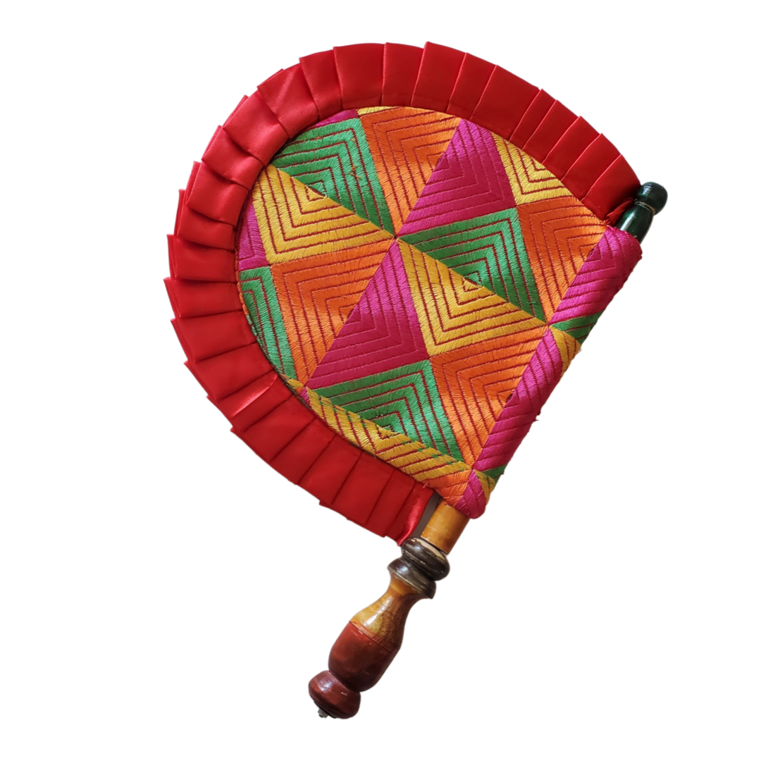 Pakhi (Hand Fan) with Embroidery - Geometrical Pattern