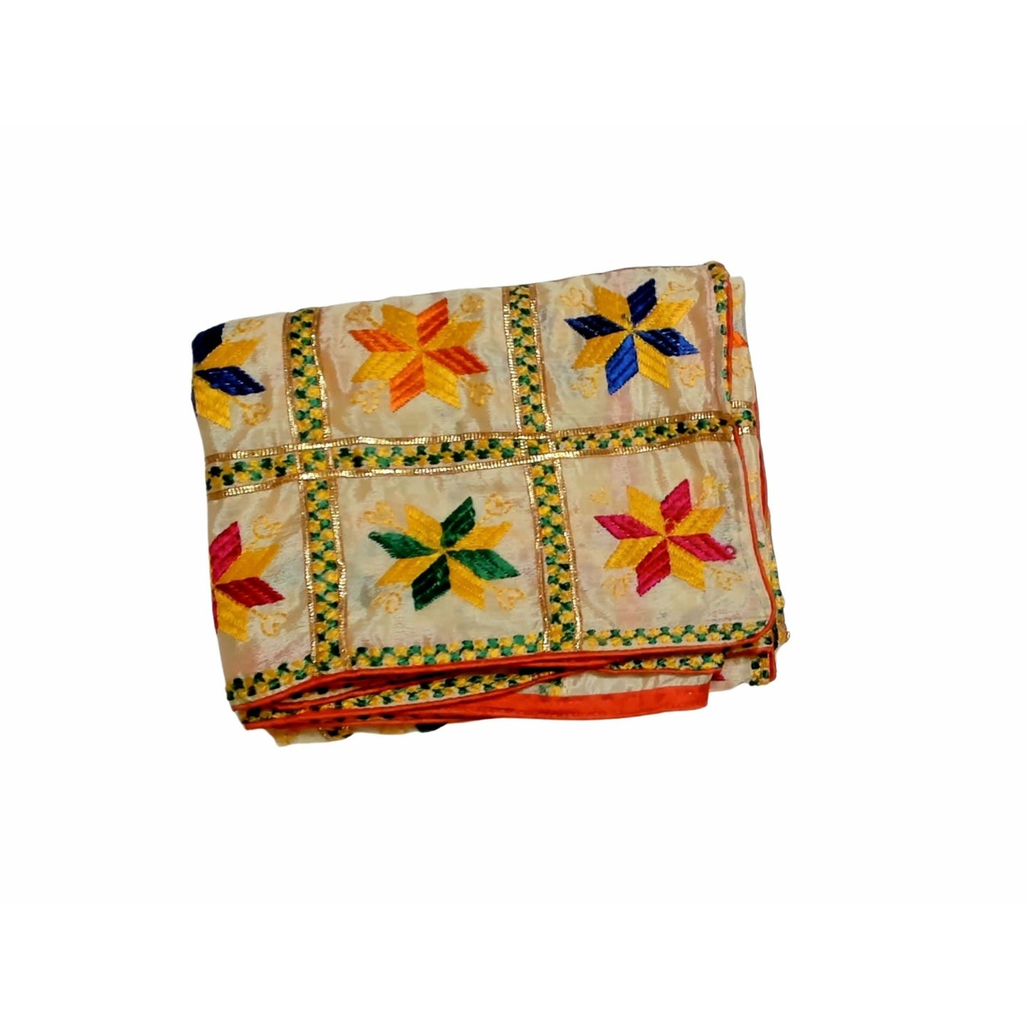 Phulkari dupatta - Floral pattern with Kanchan Gota work and golden lace