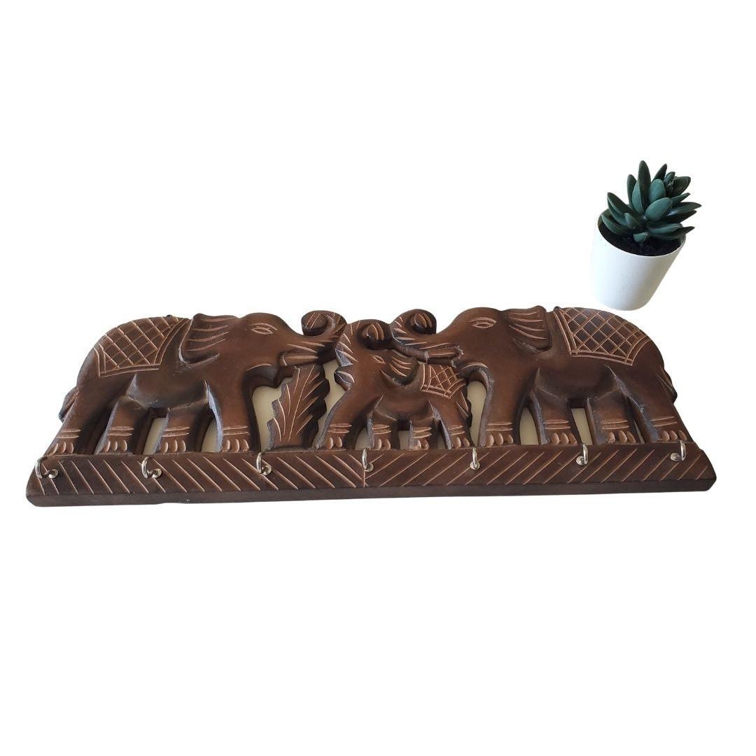 Wooden Key Holder for Wall - Carved Elephant Design
