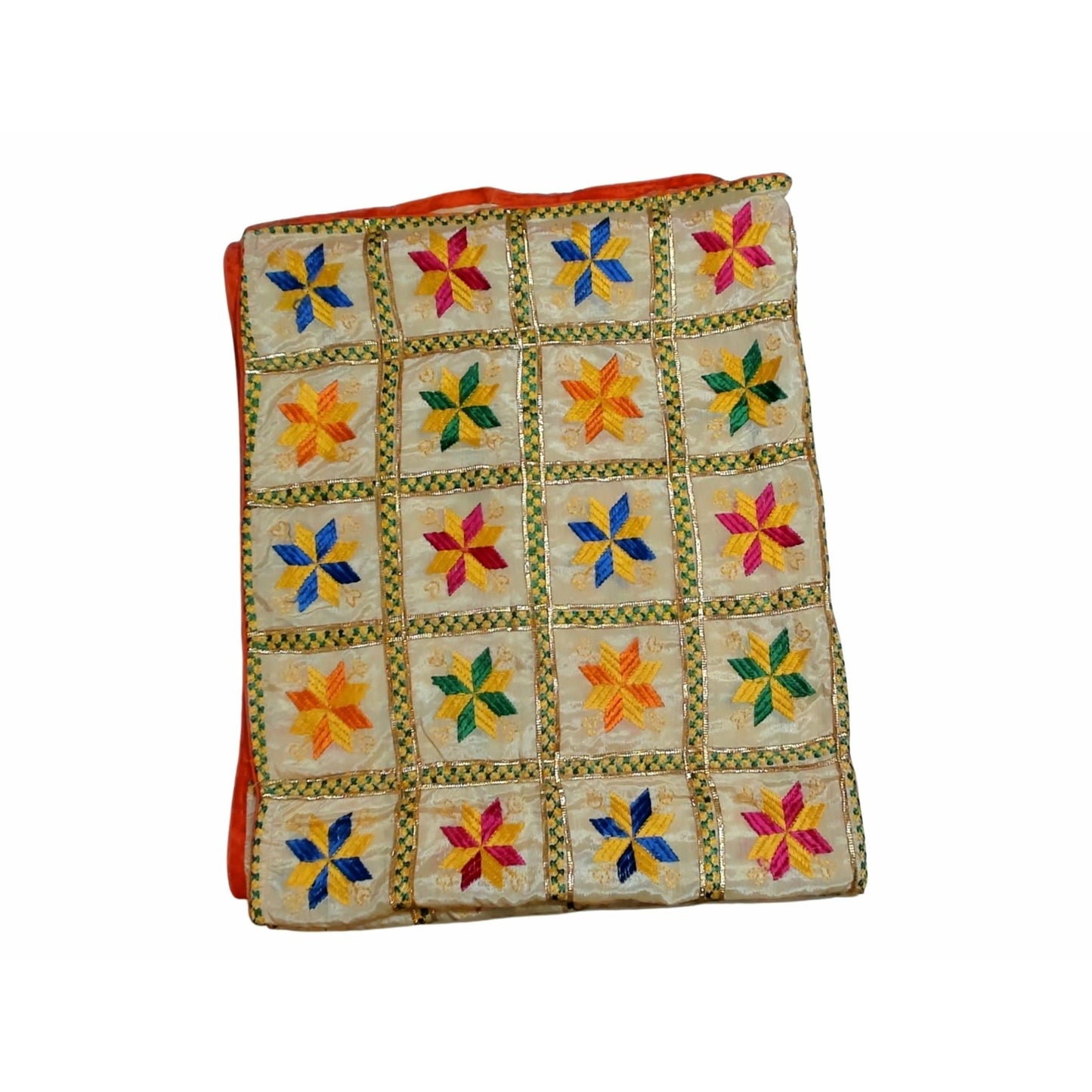 Phulkari dupatta - Floral pattern with Kanchan Gota work and golden lace
