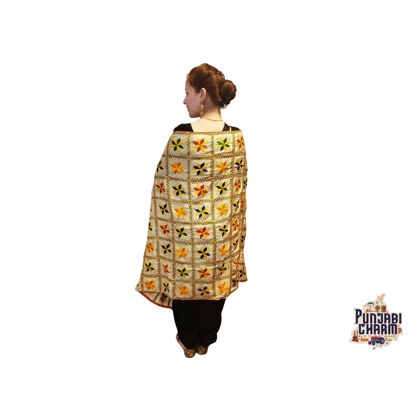 Phulkari dupatta - Floral pattern with Kanchan Gota work and golden lace