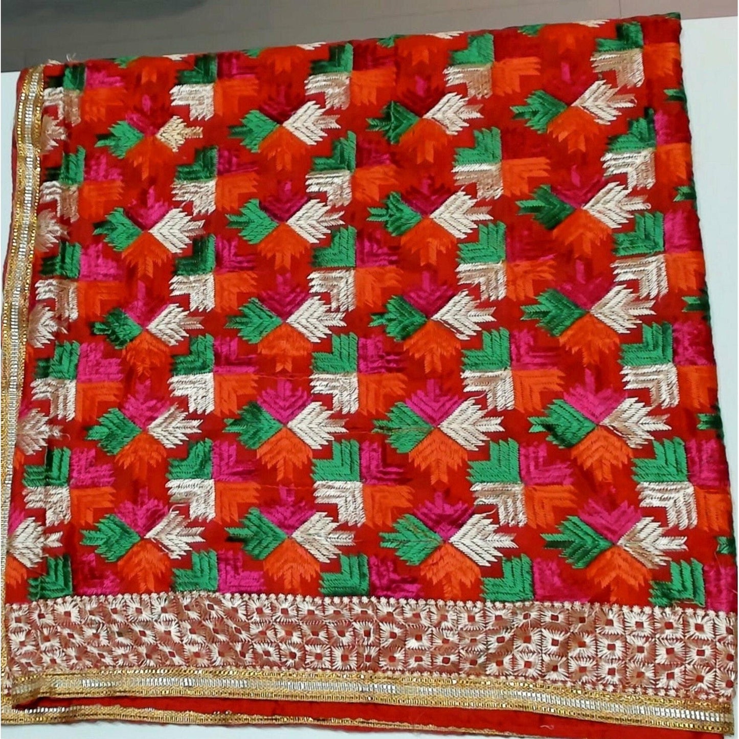 Phulkari / Fulkari Dupatta with beautiful embroidery work and golden lace