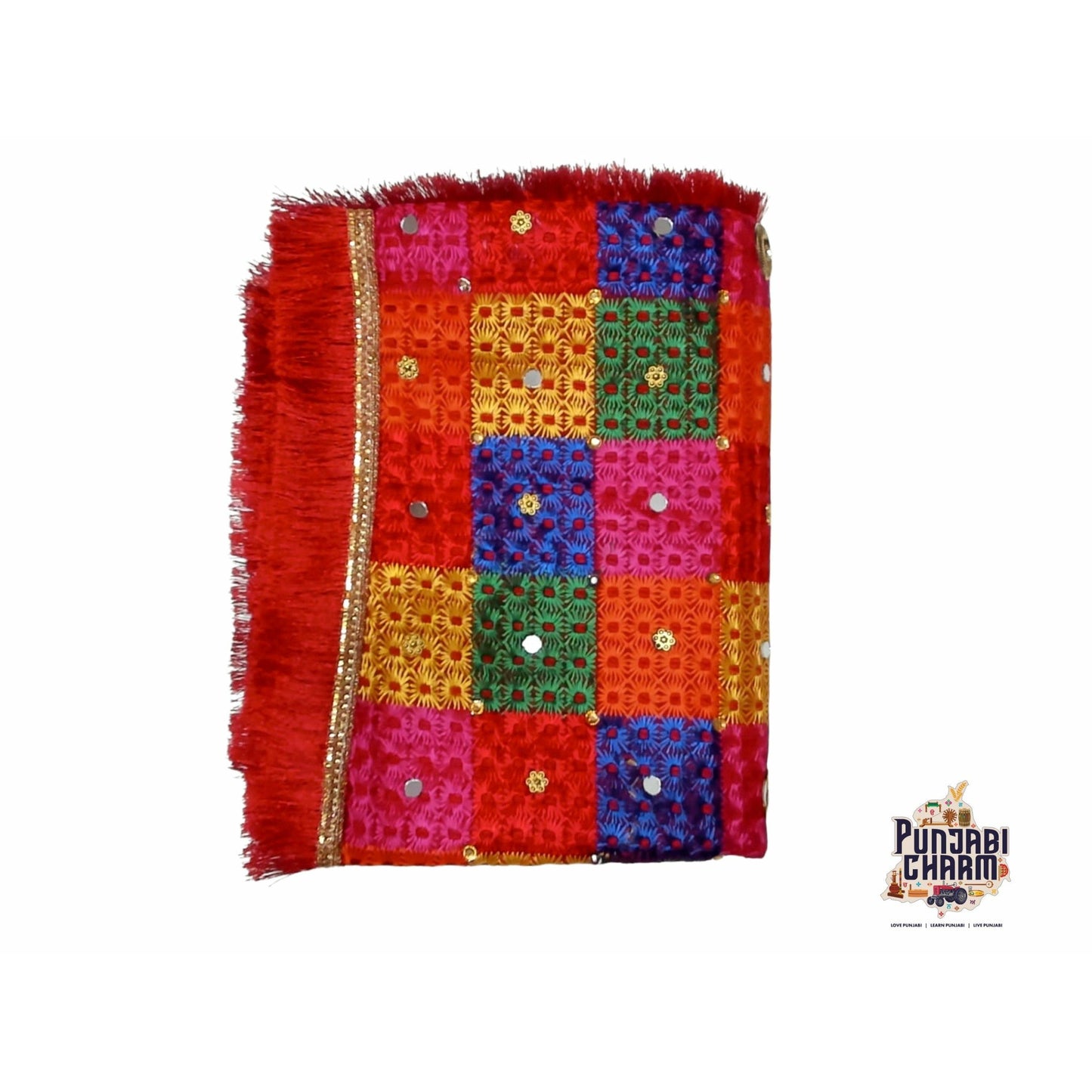 Phulkari / Fulkari Dupatta with beautiful embroidery work, mirror work and sequins all over the duppatta and red lace on the borders