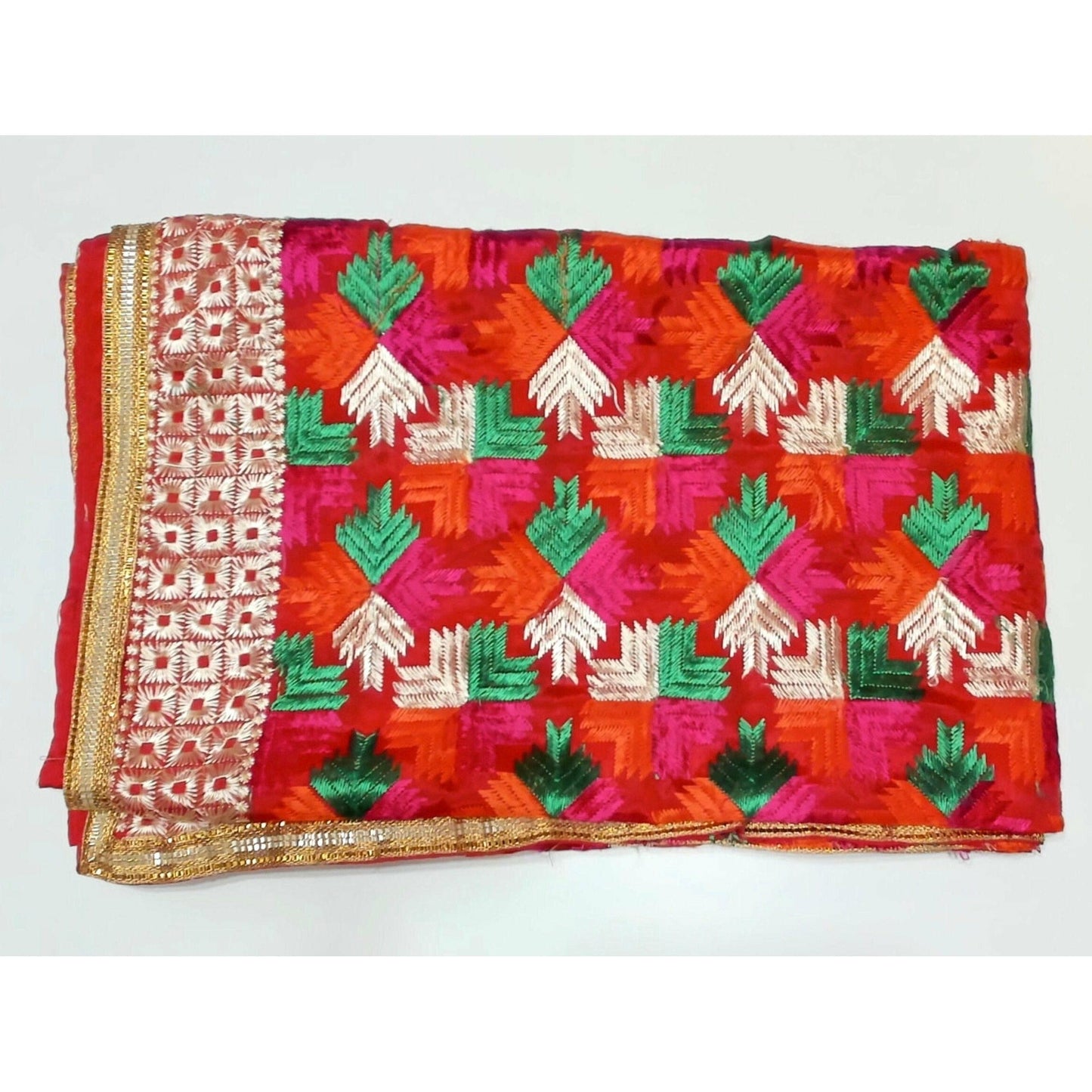 Phulkari / Fulkari Dupatta with beautiful embroidery work and golden lace