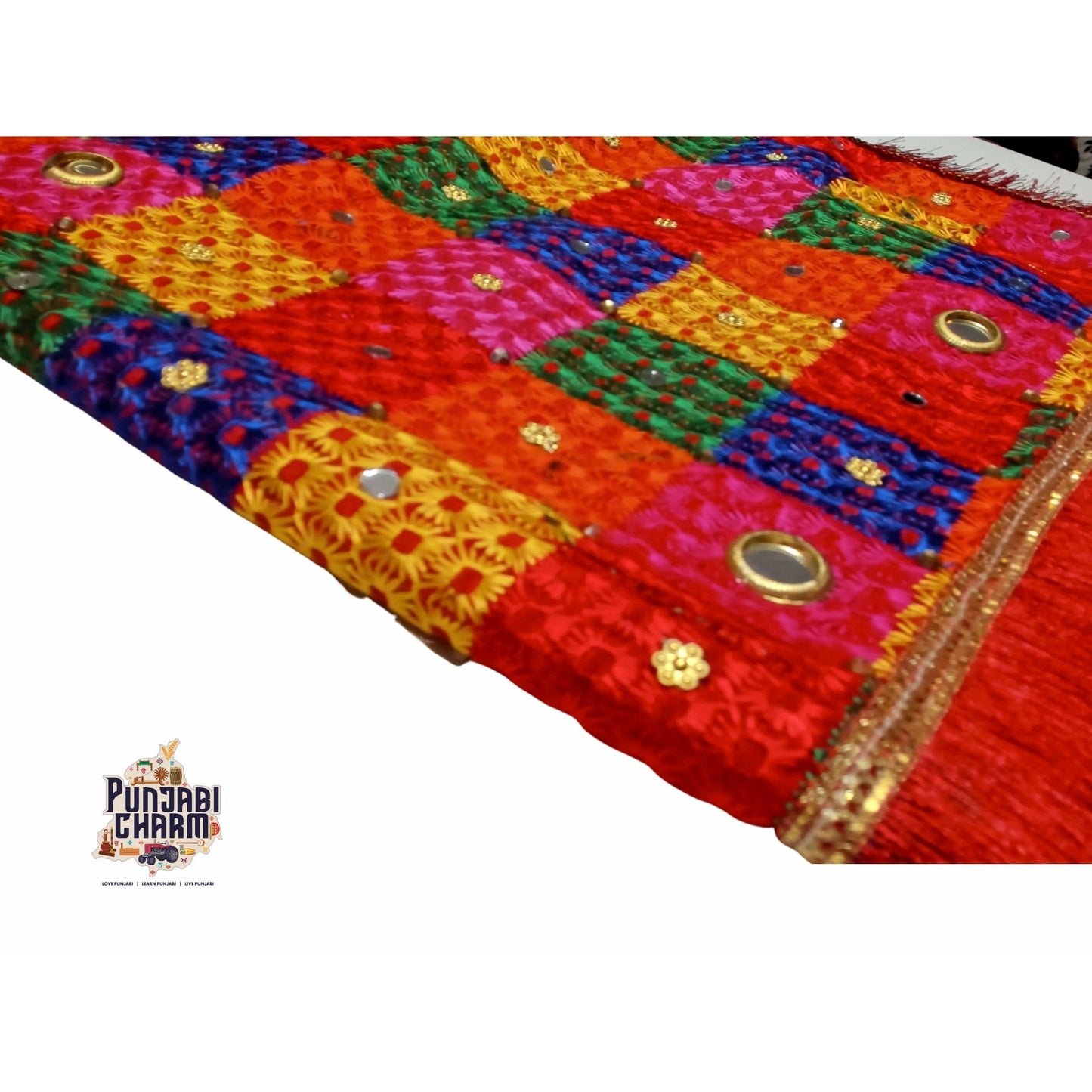 Phulkari / Fulkari Dupatta with beautiful embroidery work, mirror work and sequins all over the duppatta and red lace on the borders
