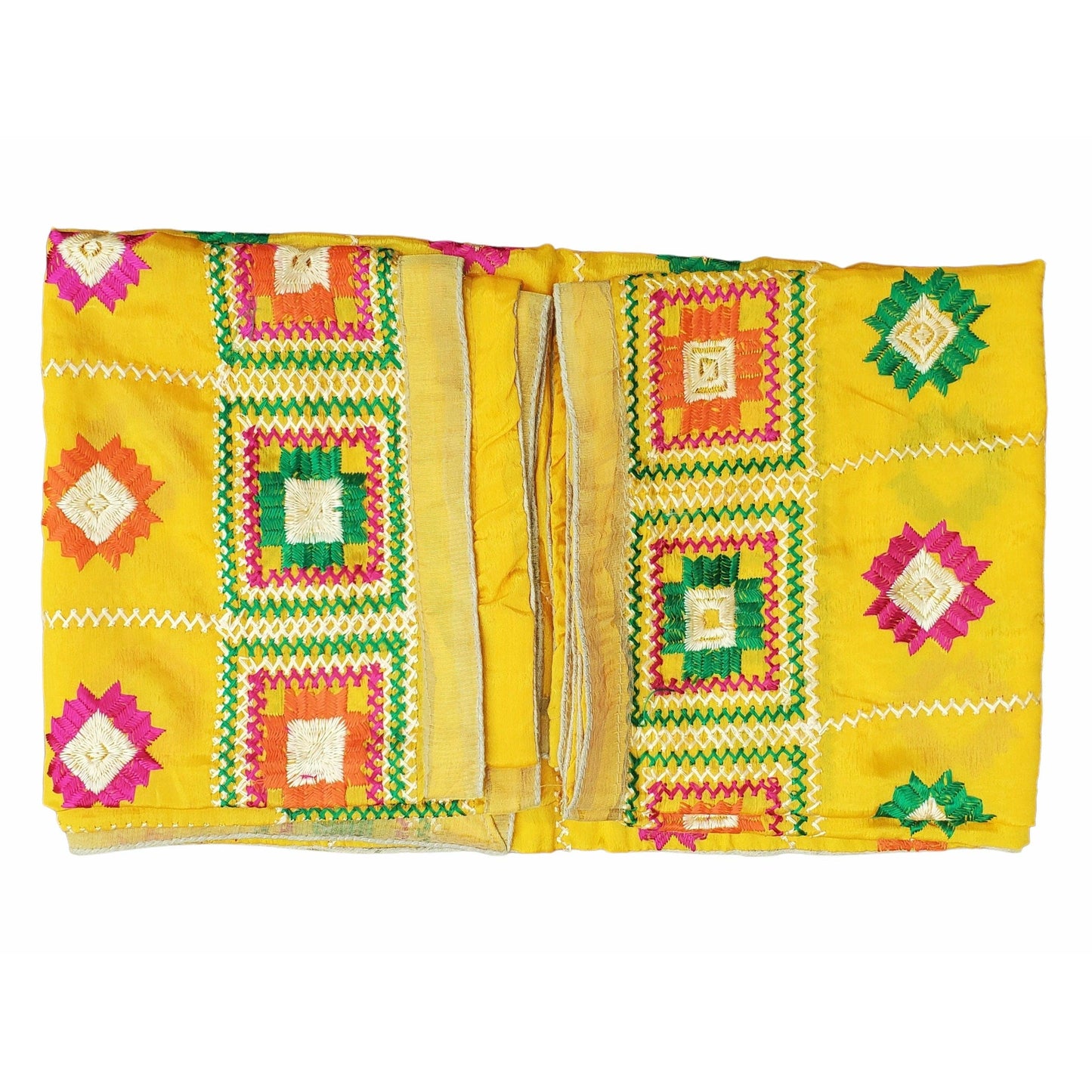 Beautiful Fulkari with Yellow base and multi color flower patter + golden lace on all the borders
