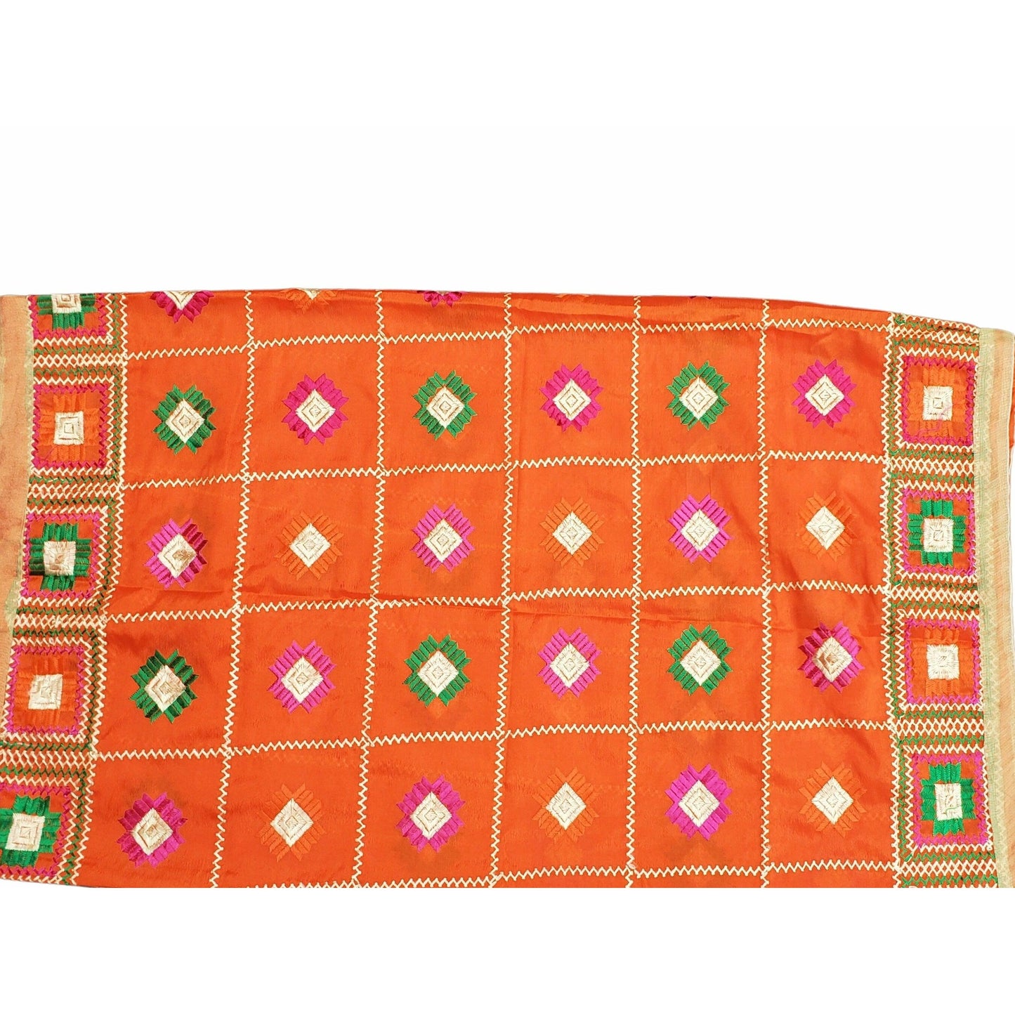 Beautiful Fulkari with Orange base and multi color flower patter + golden lace on all the borders