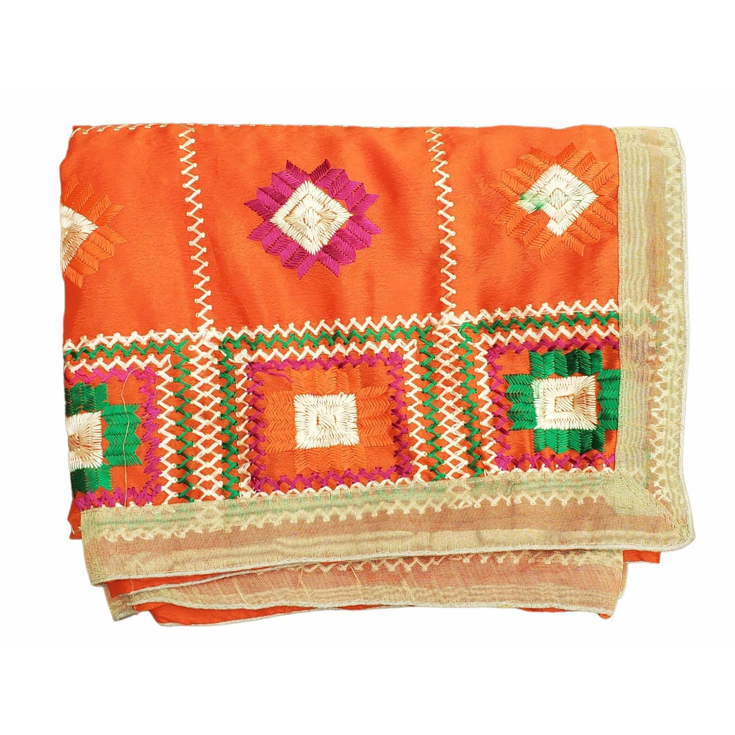 Beautiful Fulkari with Orange base and multi color flower patter + golden lace on all the borders