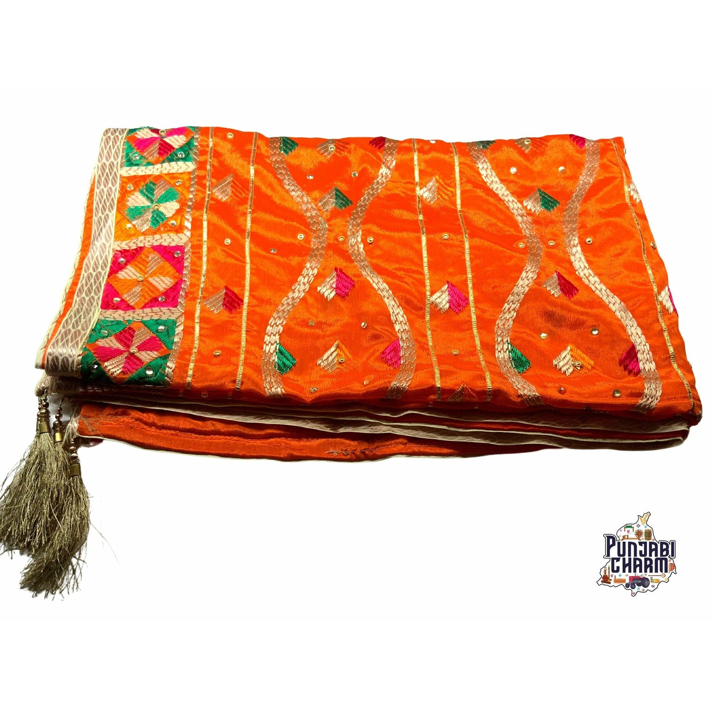 Beautiful Fulkari lehariya pattern with golden lace on all the borders and tessels