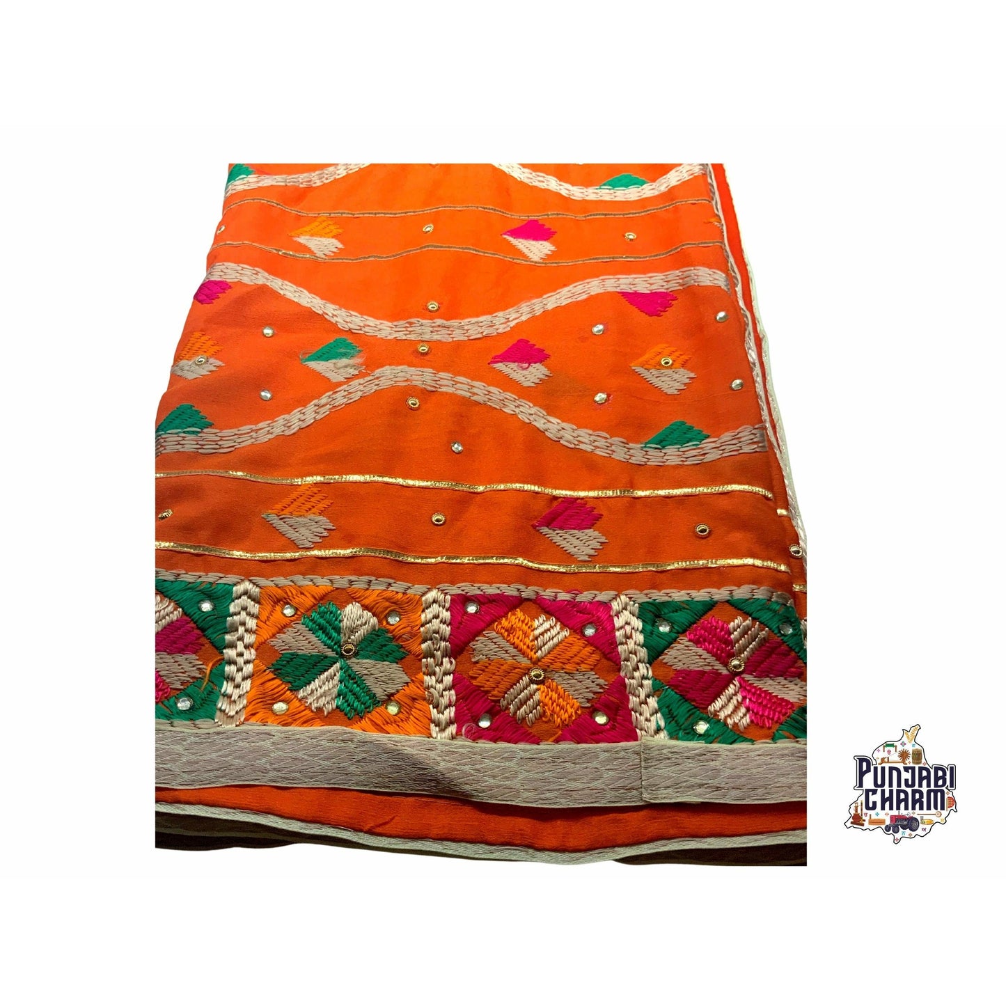 Beautiful Fulkari lehariya pattern with golden lace on all the borders and tessels