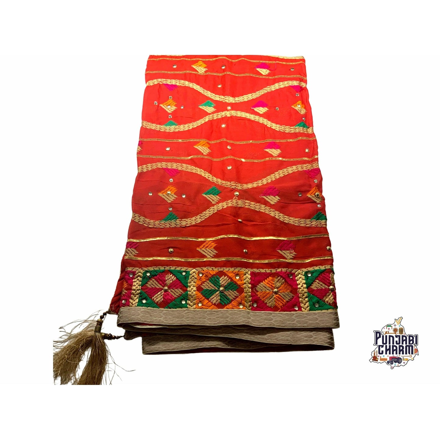 Beautiful Fulkari lehariya pattern with golden lace on all the borders and tessels