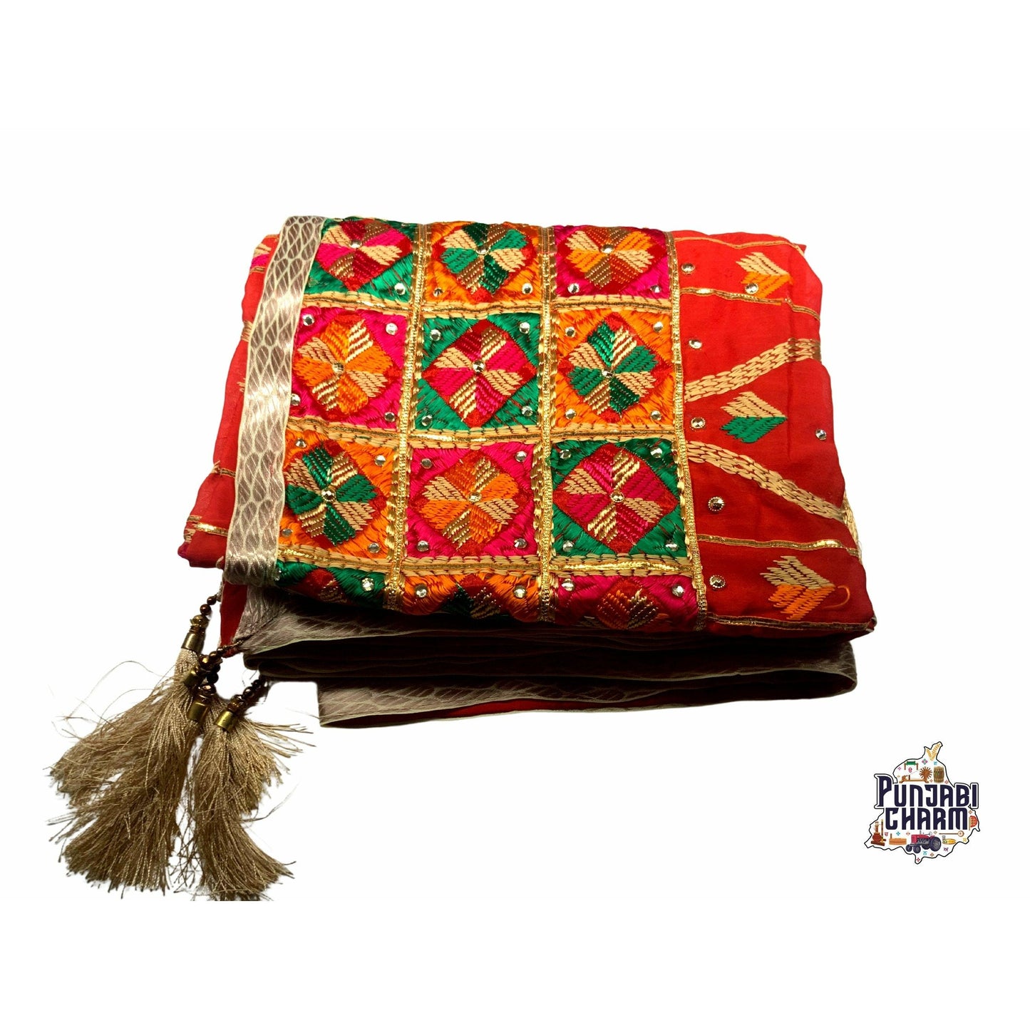 Beautiful Fulkari lehariya pattern with golden lace on all the borders and tessels