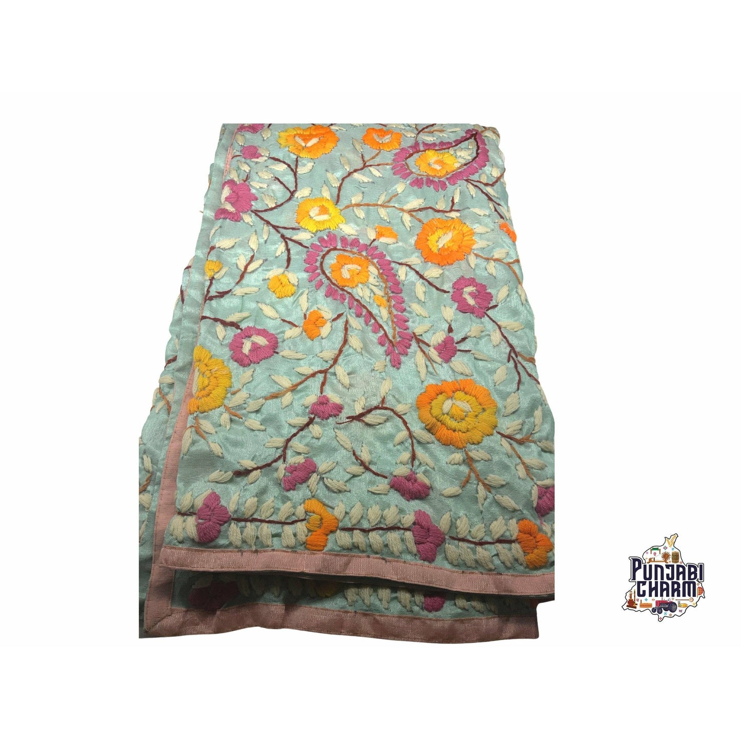 Beautiful Scarf/Dupatta with Embroidery by Hand with Pink lace all over the edges