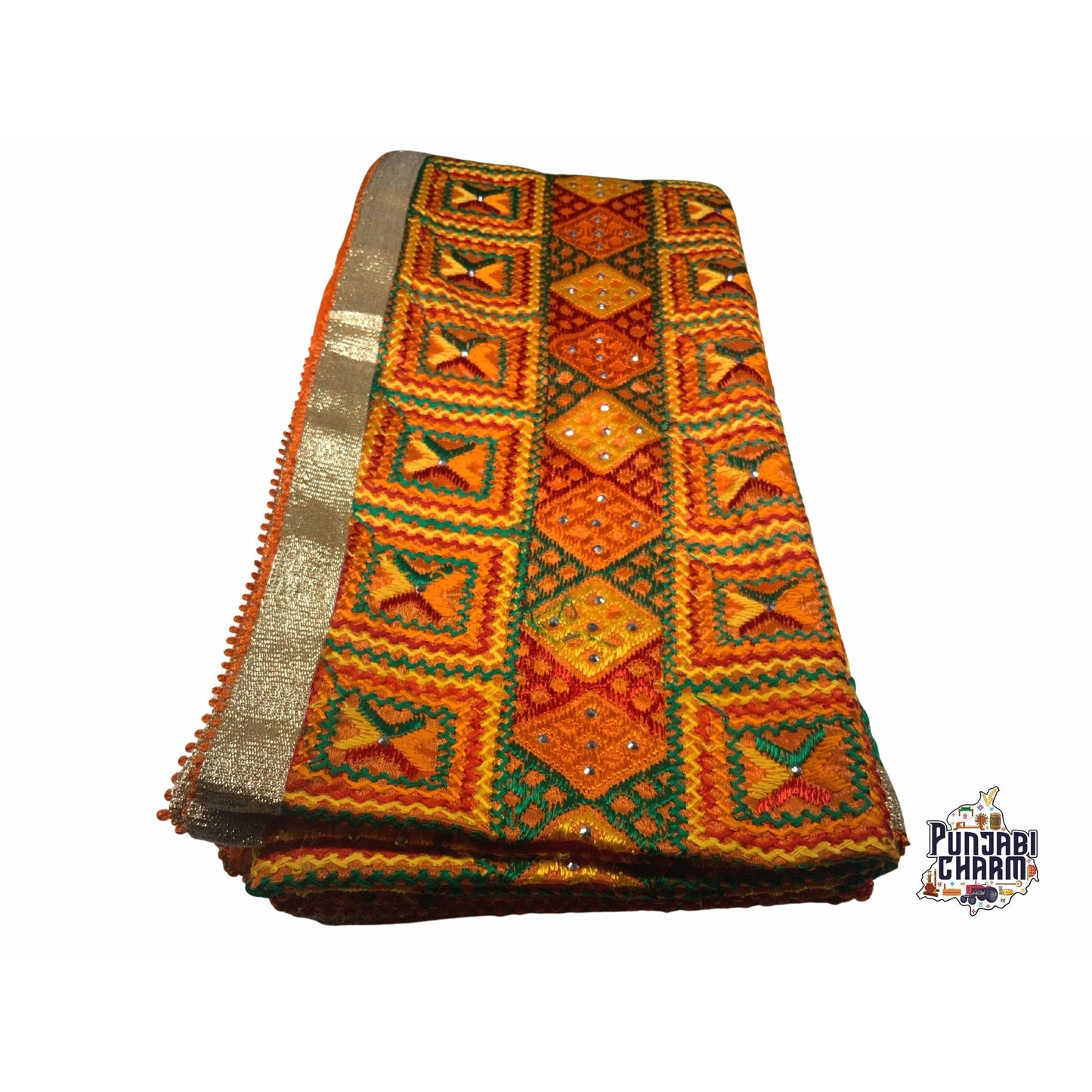 Beautiful Fulkari  pattern with golden lace on all the borders