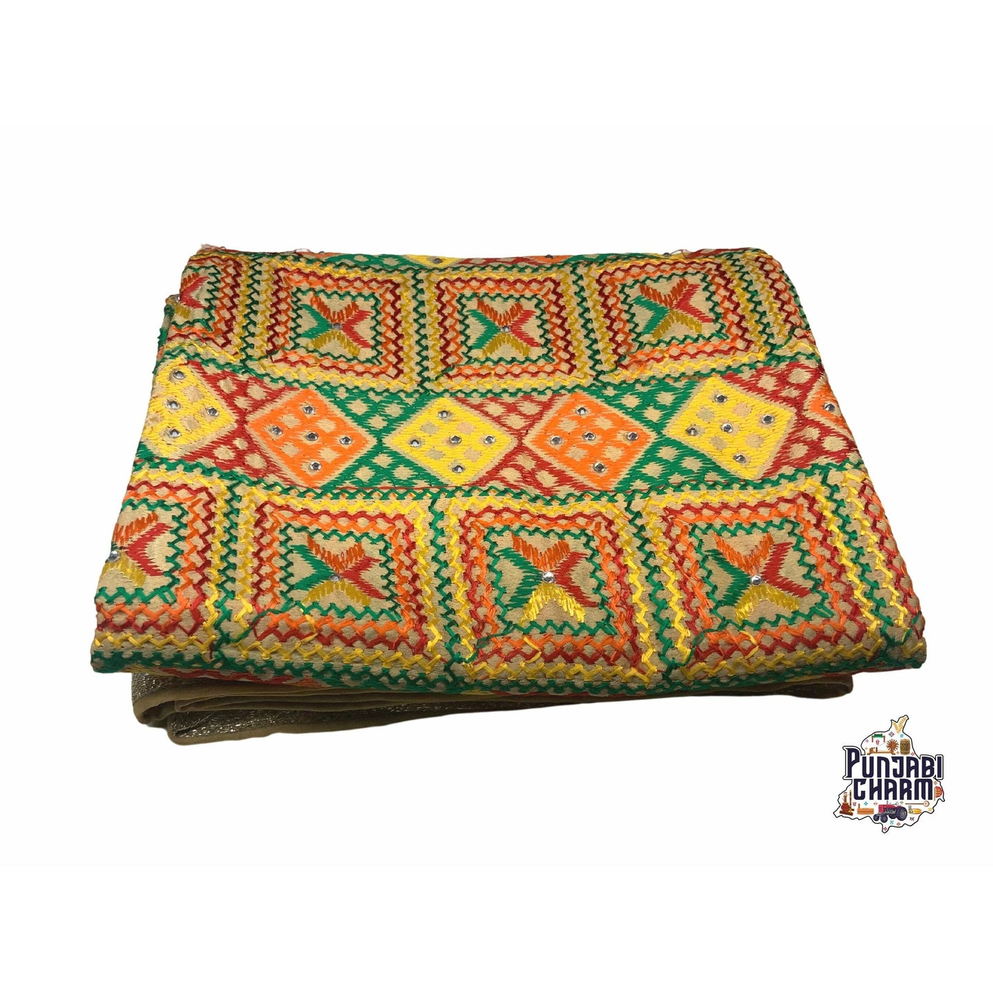 Beautiful Fulkari pattern with golden lace on all the borders