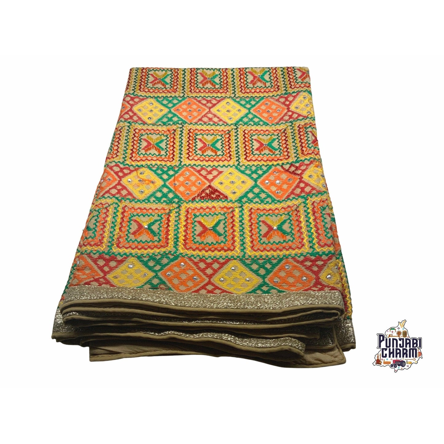 Beautiful Fulkari pattern with golden lace on all the borders