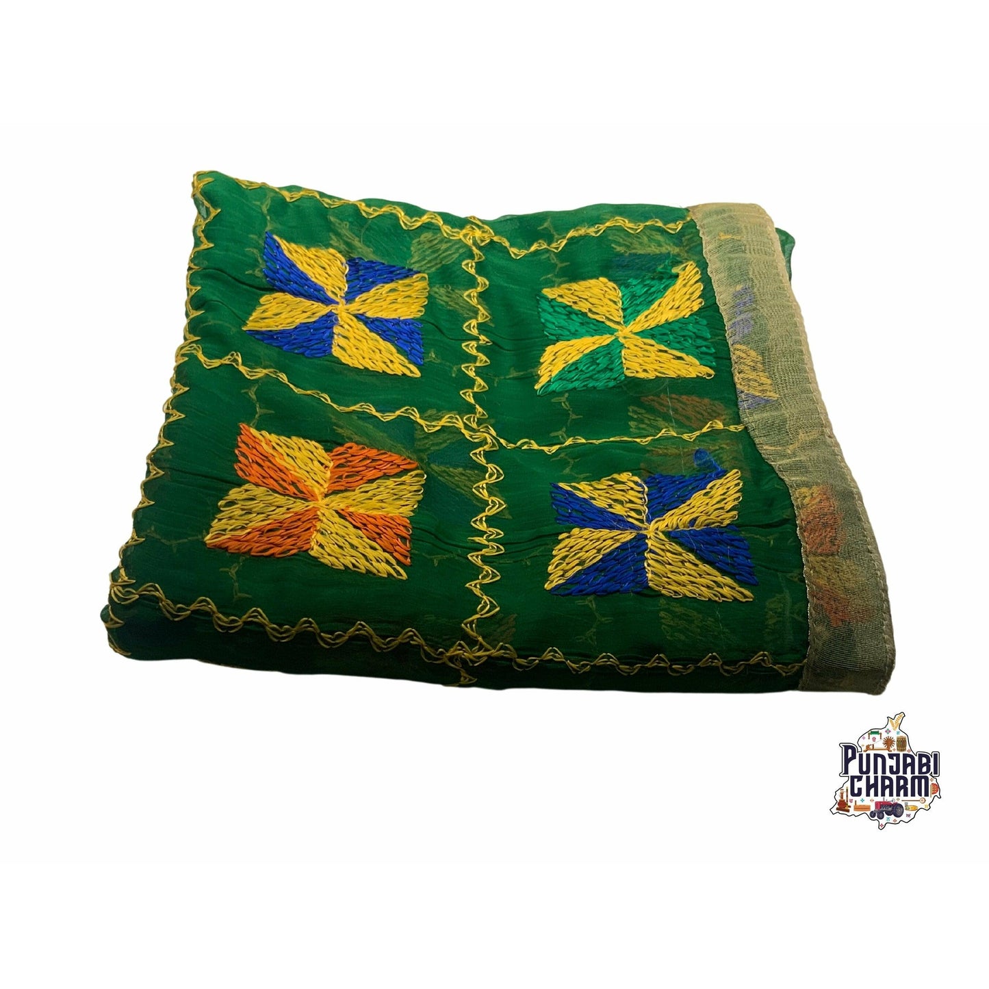 Beautiful Fulkari with green base and multi color flower patter + golden lace on all the borders