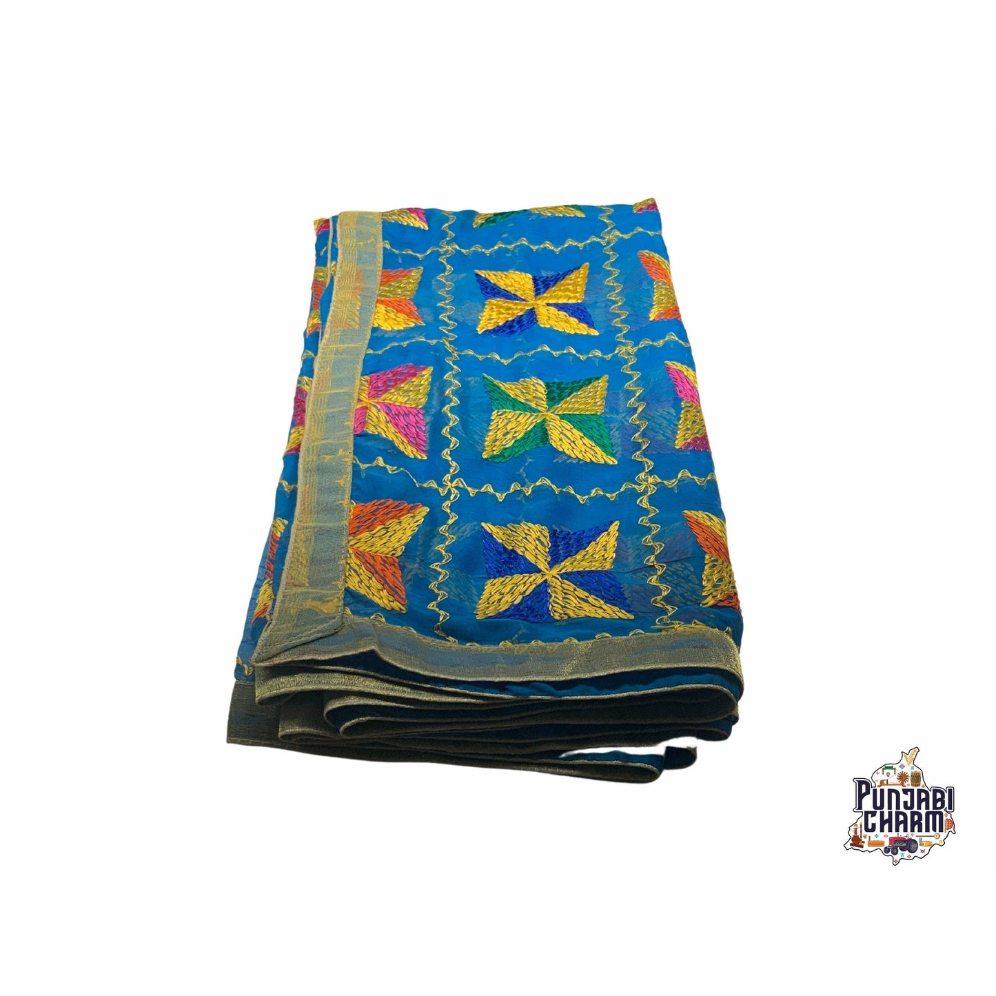 Beautiful Fulkari with blue base and multi color flower pattern+ golden lace on all the borders