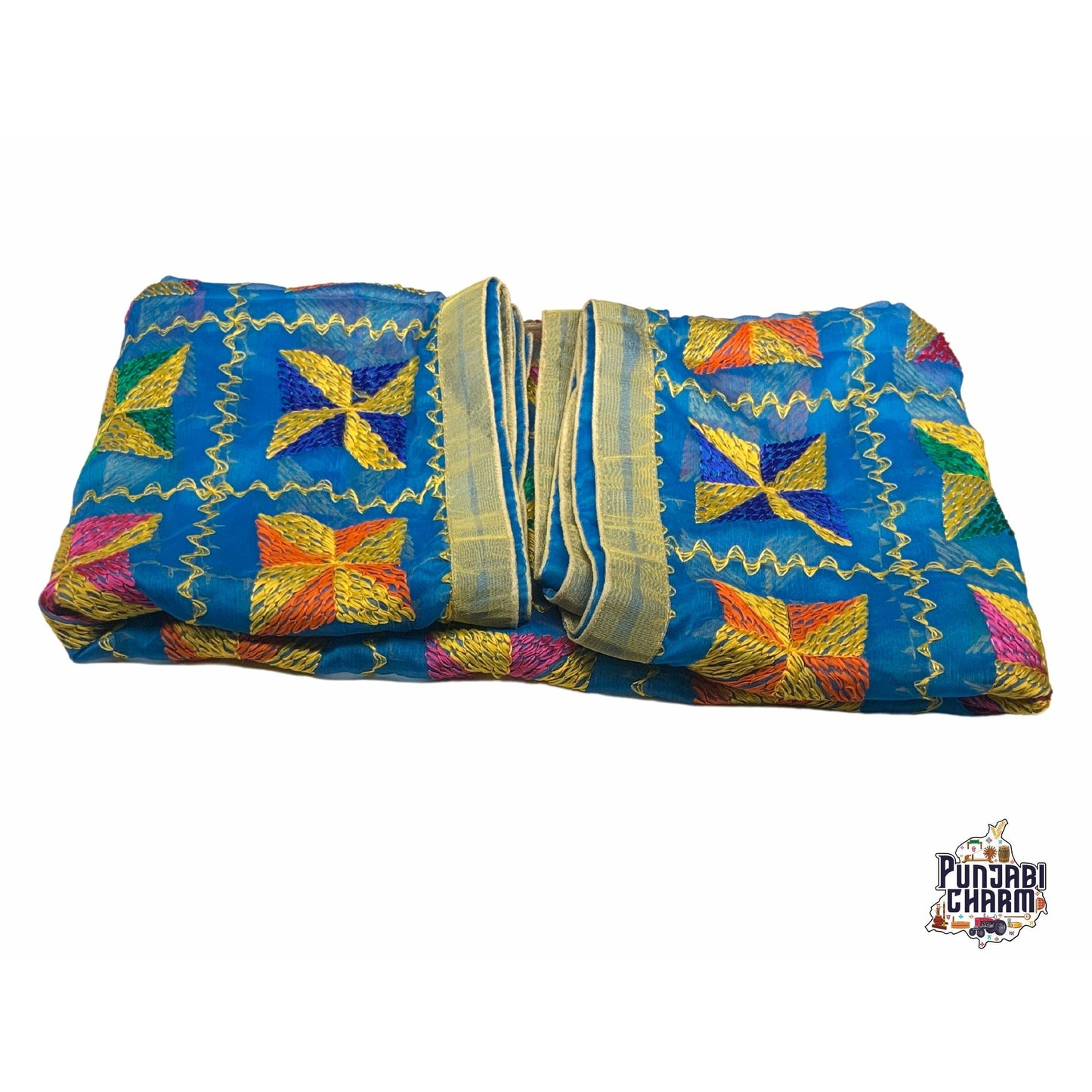 Beautiful Fulkari with blue base and multi color flower pattern+ golden lace on all the borders