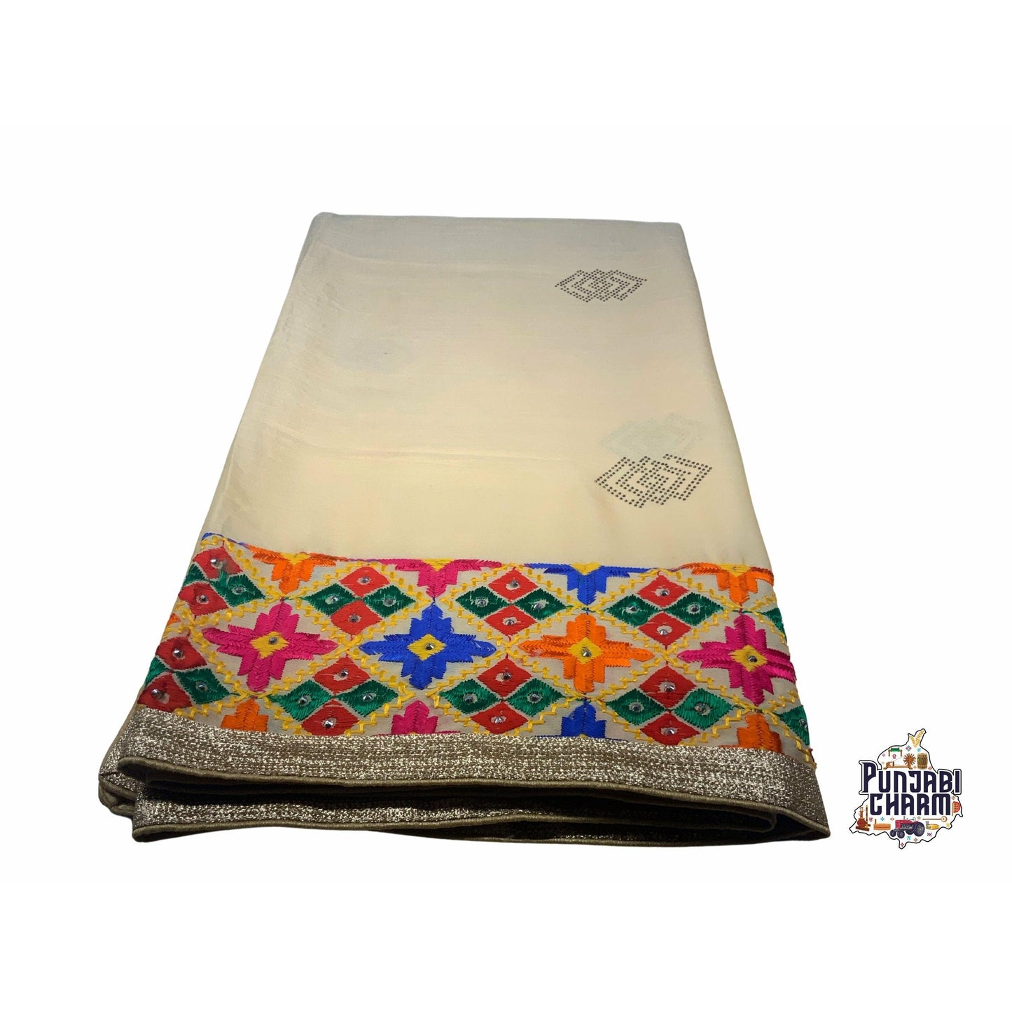 Beautiful Fulkari with Golden base and multi color flower pattern.