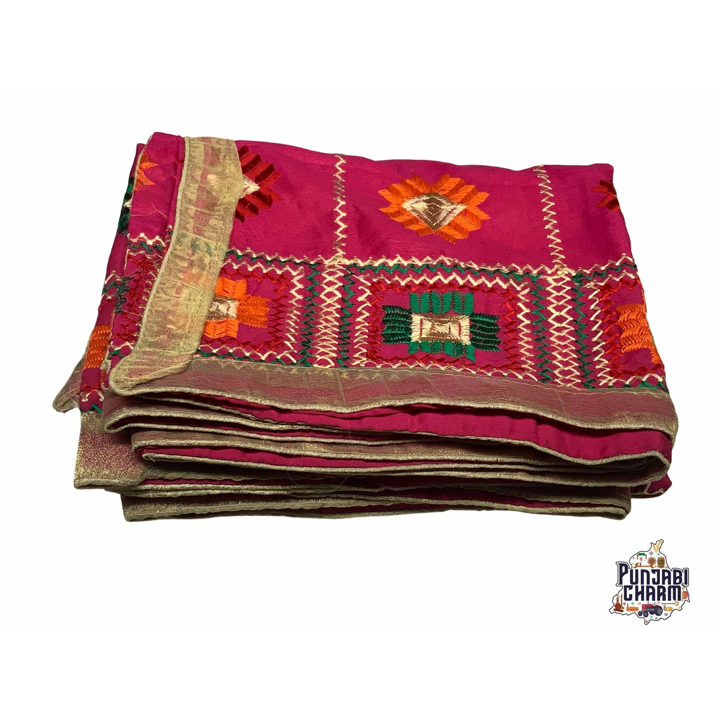 Beautiful Fulkari with hot pink base and multi color flower pattern+ golden lace on all the borders