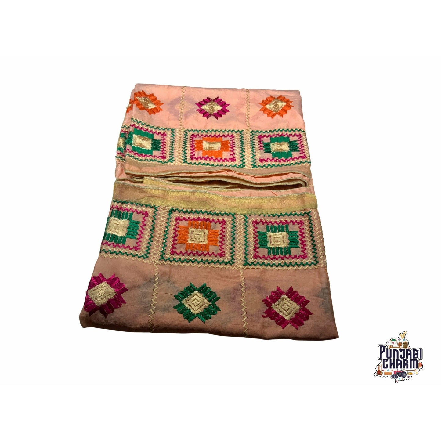 Beautiful Fulkari with peach base and multi color flower pattern+ golden lace on all the borders