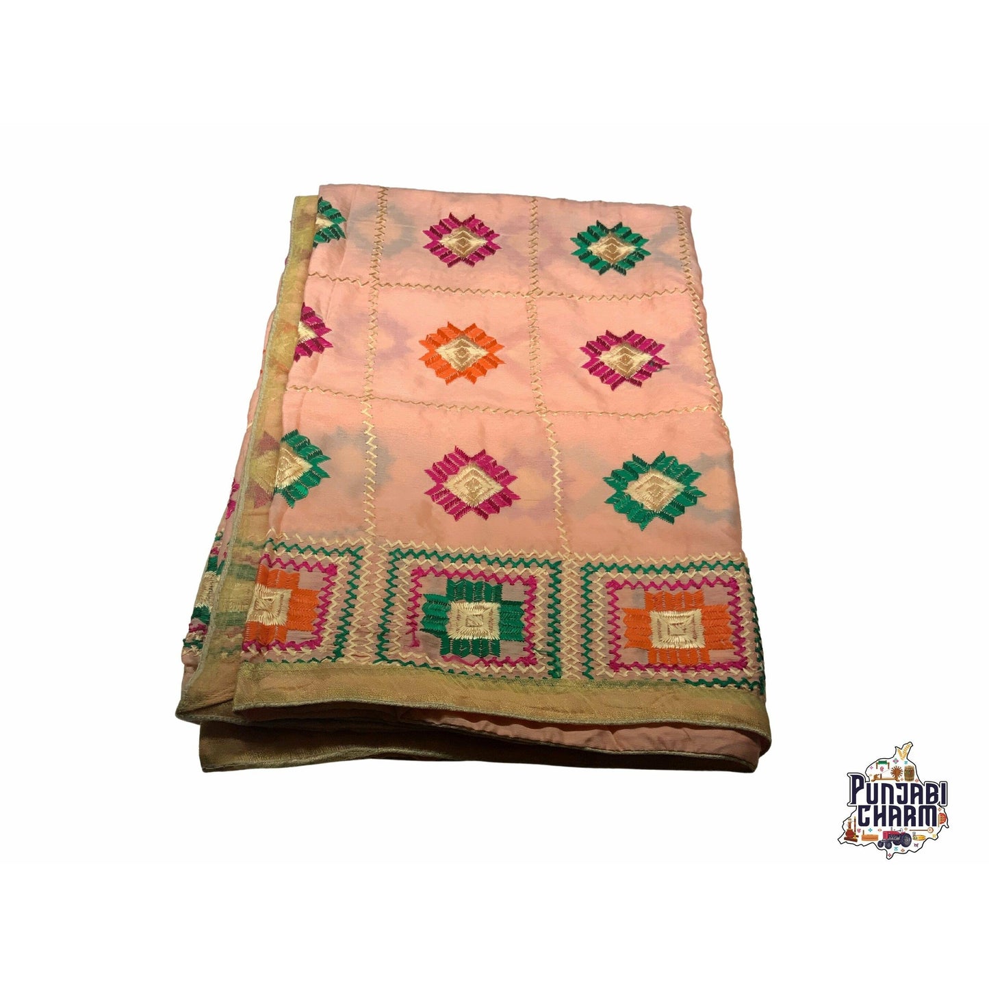Beautiful Fulkari with peach base and multi color flower pattern+ golden lace on all the borders