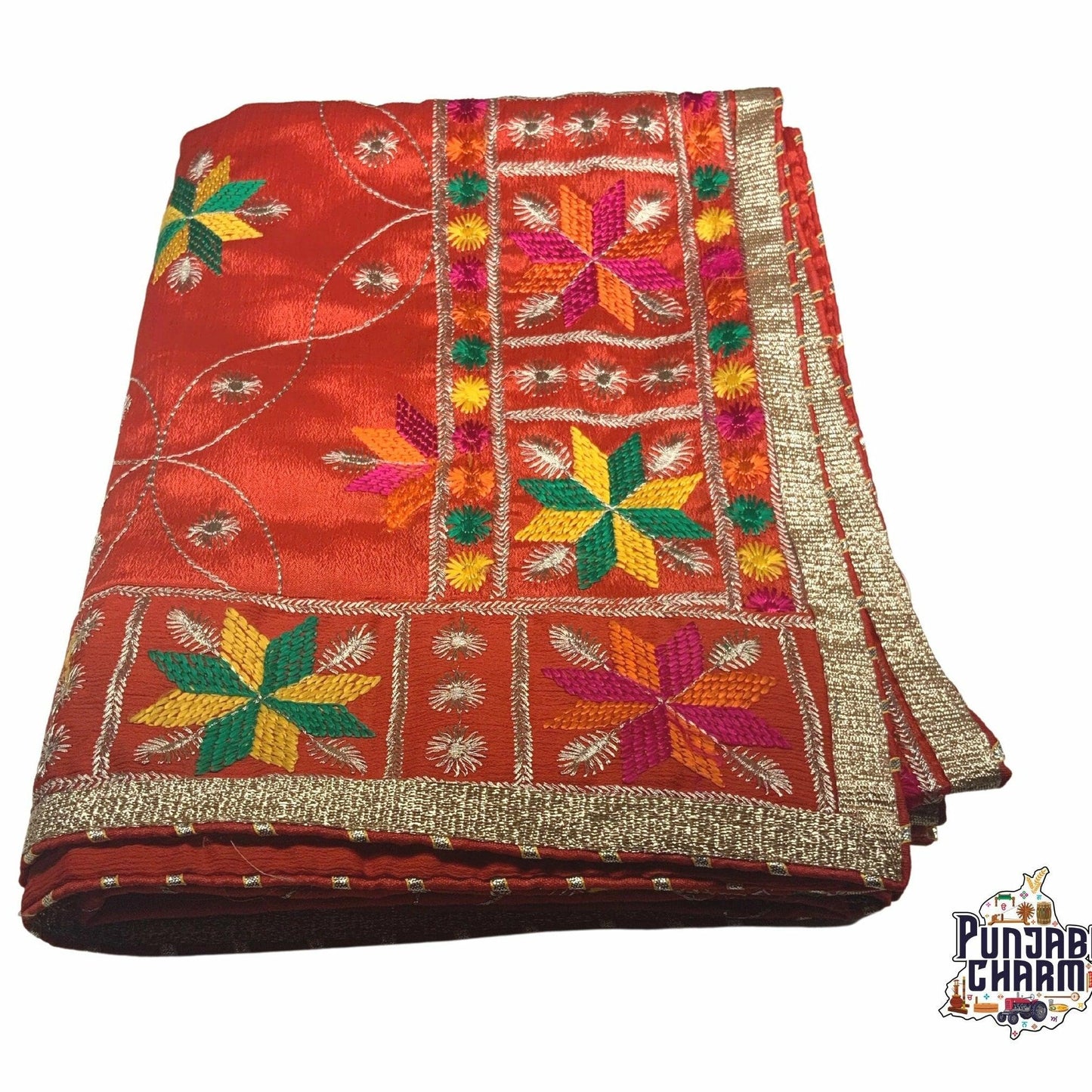 Beautiful Fulkari pattern with golden lace on all the borders