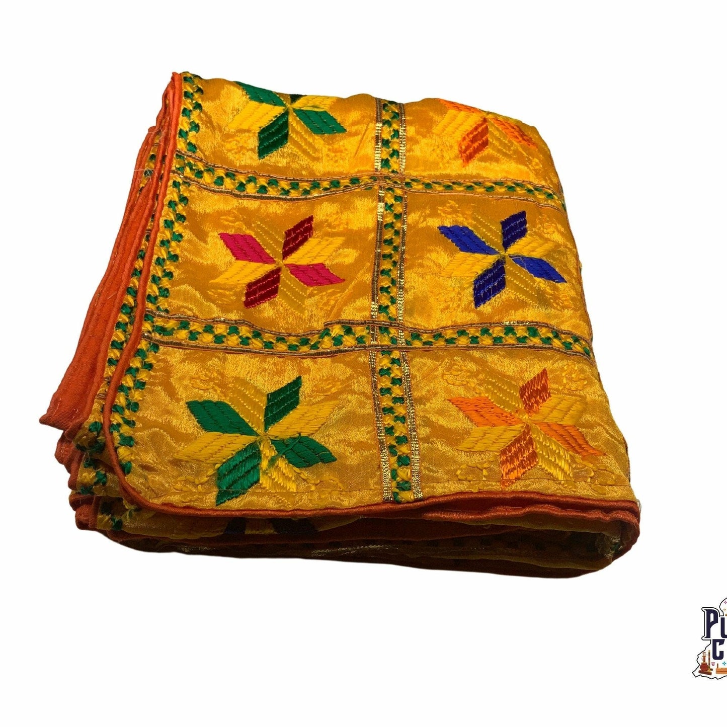 Beautiful Fulkari with Yellow base and multi color flower pattern +  red piping on all the borders