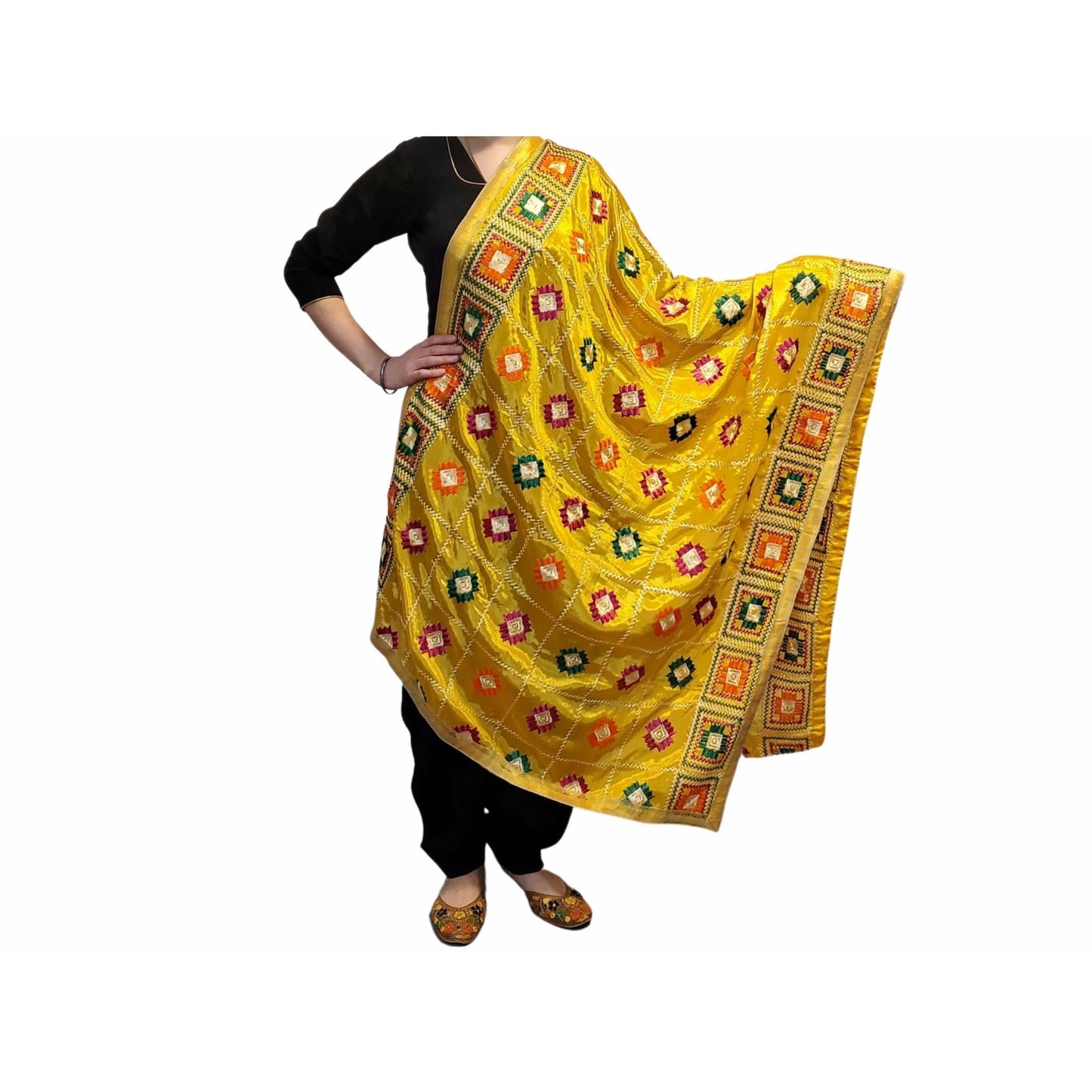 Beautiful Fulkari with Yellow base and multi color flower patter + golden lace on all the borders