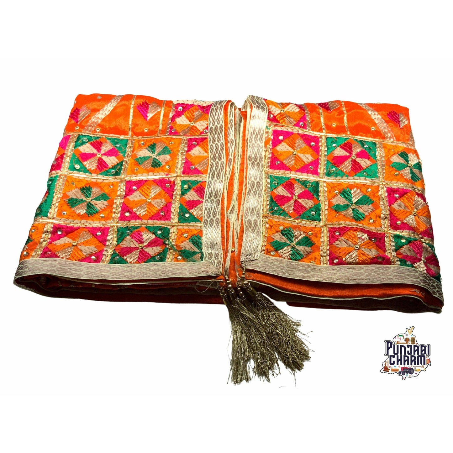 Beautiful Fulkari lehariya pattern with golden lace on all the borders and tessels