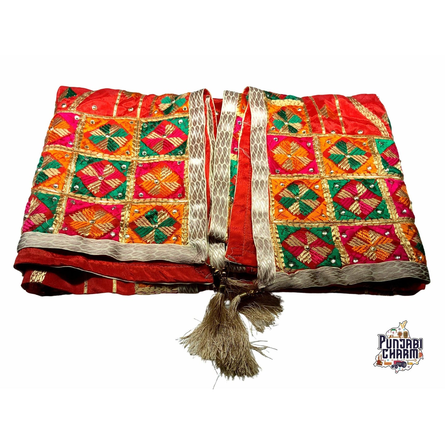 Beautiful Fulkari lehariya pattern with golden lace on all the borders and tessels