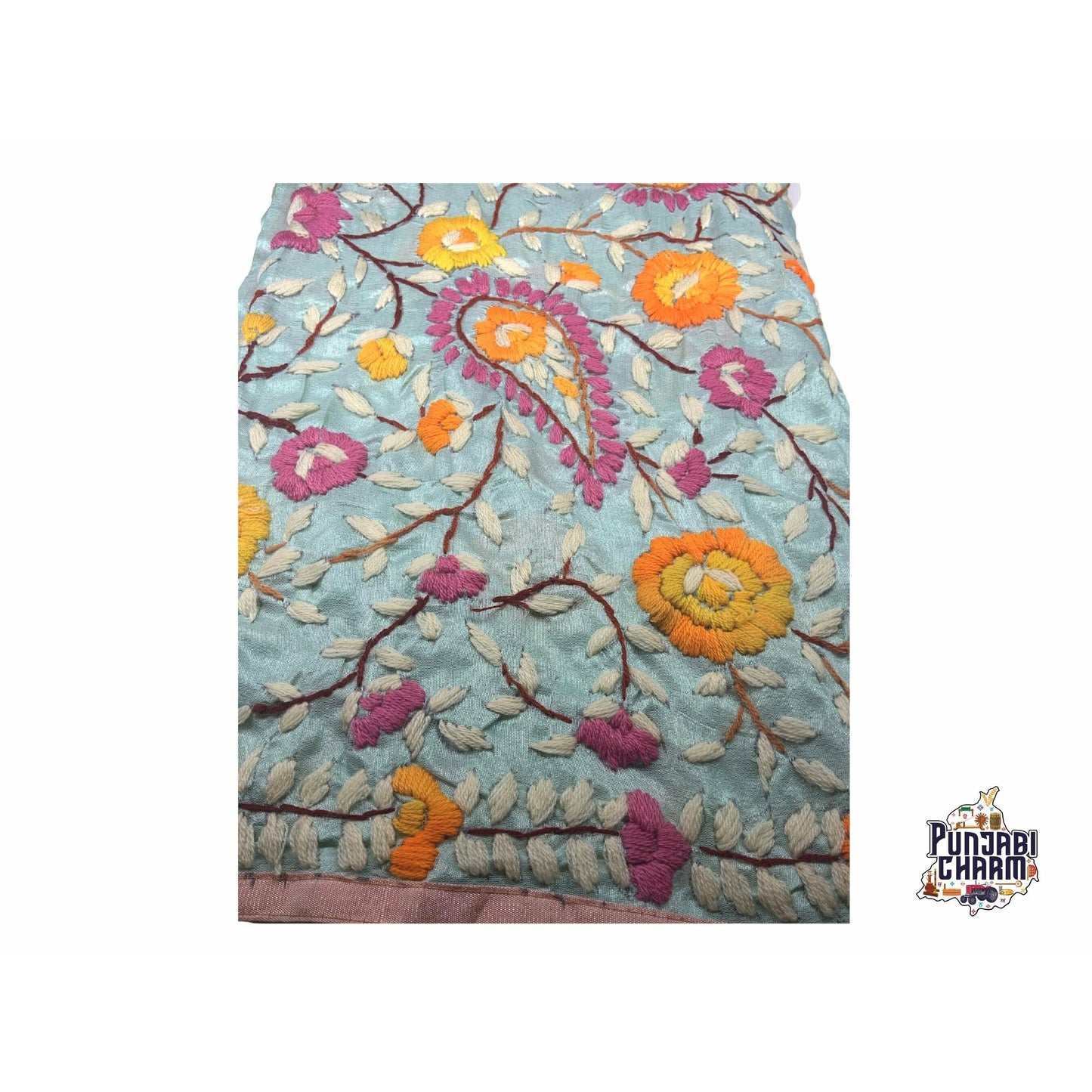 Beautiful Scarf/Dupatta with Embroidery by Hand with Pink lace all over the edges