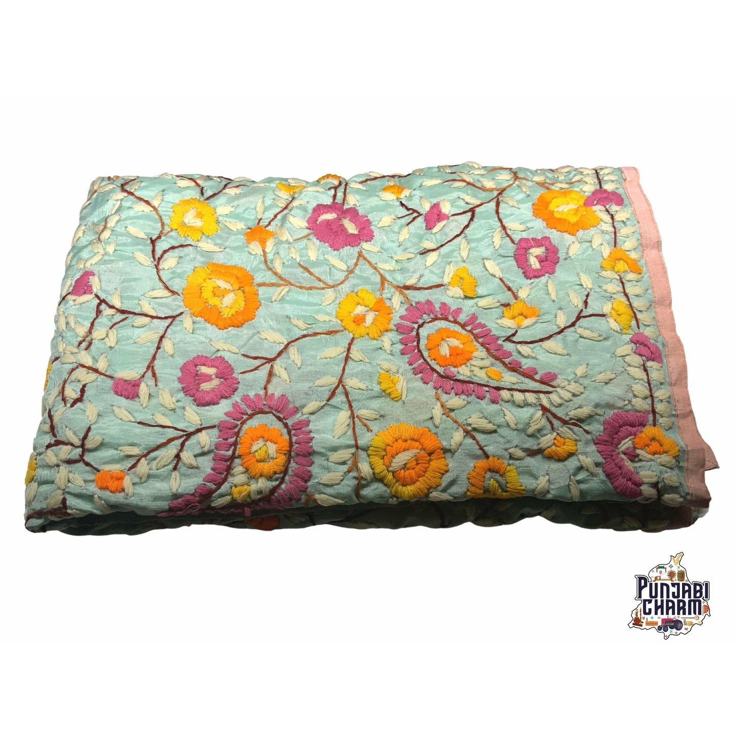 Beautiful Scarf/Dupatta with Embroidery by Hand with Pink lace all over the edges