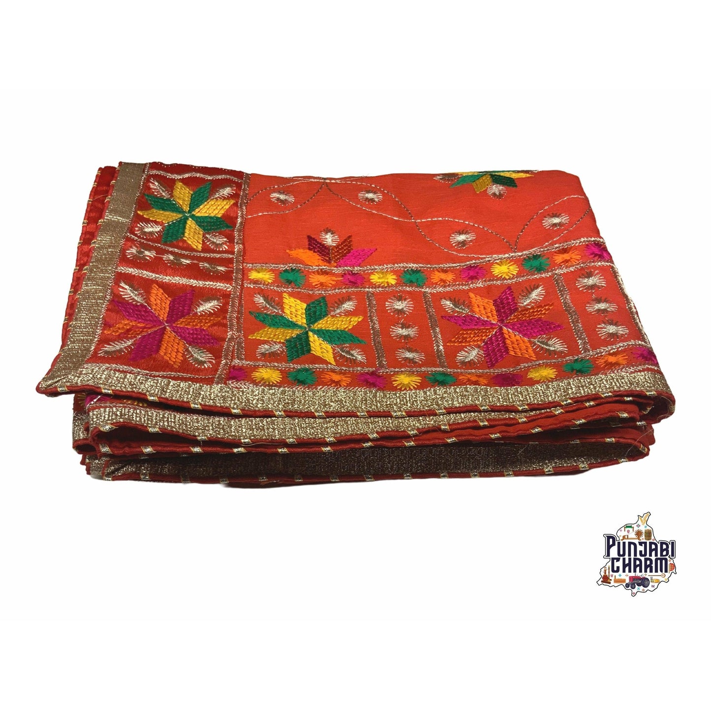 Beautiful Fulkari pattern with golden lace on all the borders