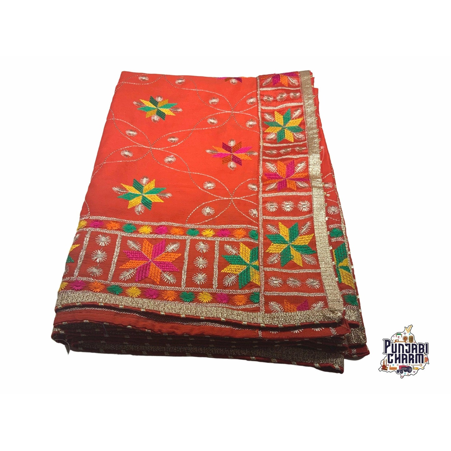 Beautiful Fulkari pattern with golden lace on all the borders