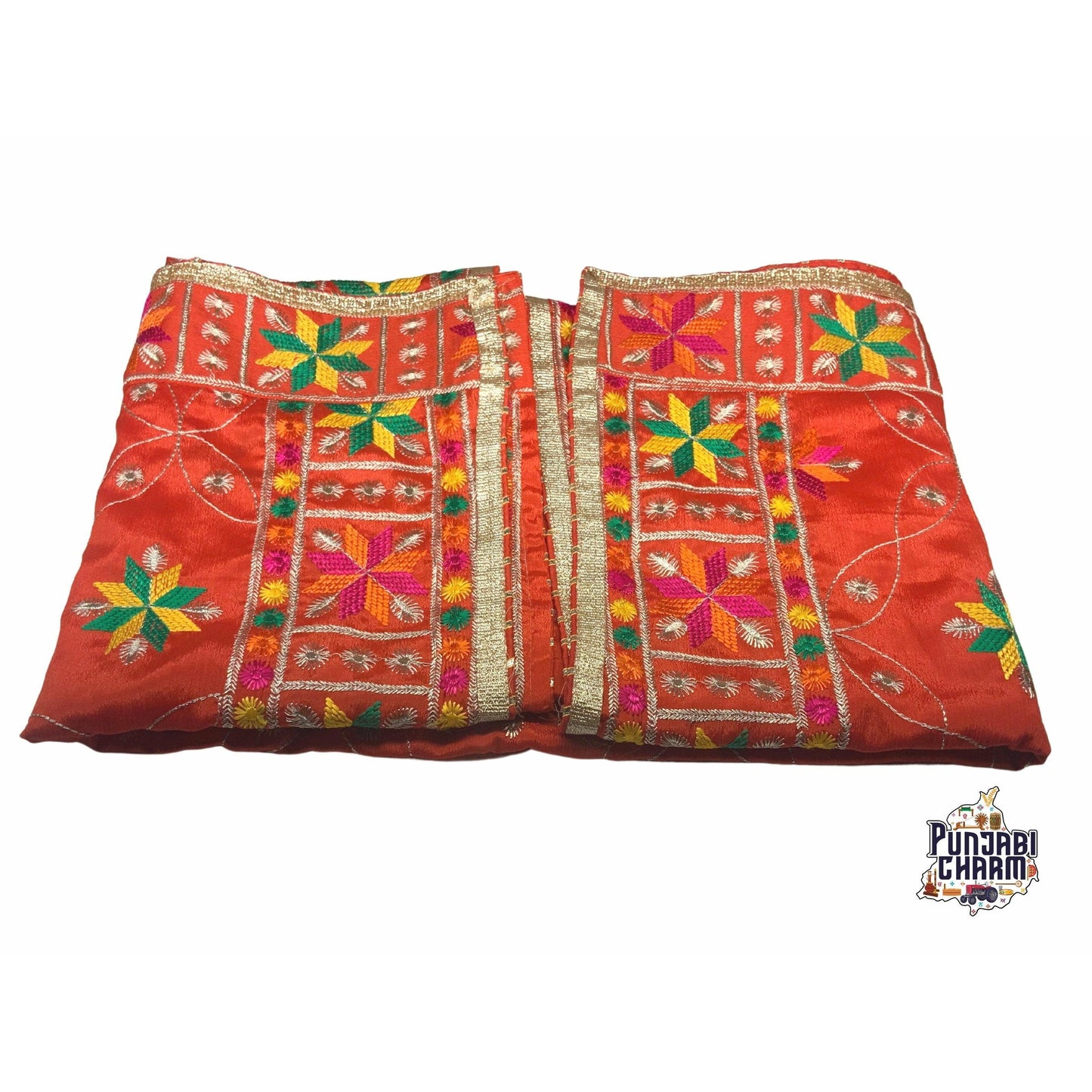 Beautiful Fulkari pattern with golden lace on all the borders