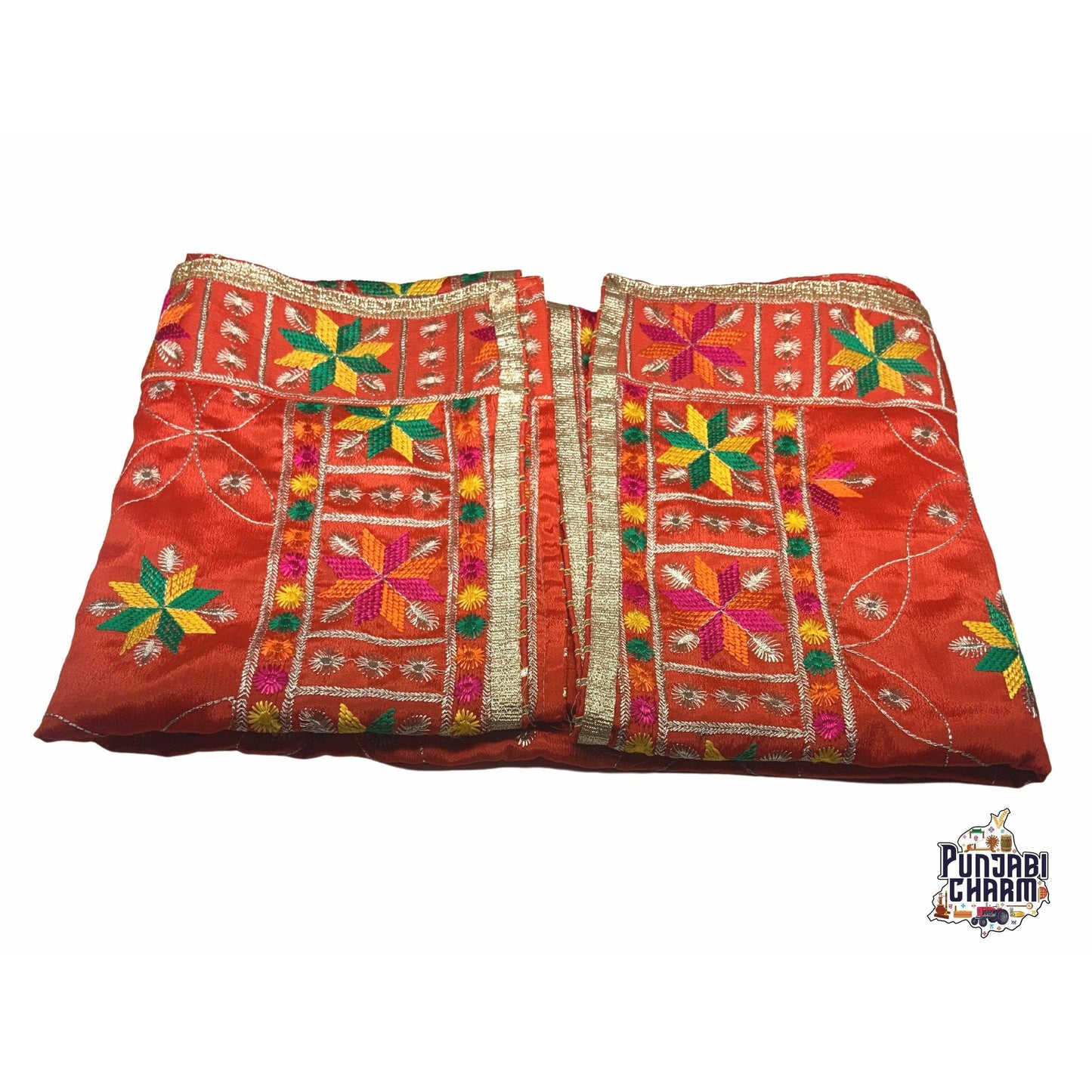 Beautiful Fulkari pattern with golden lace on all the borders