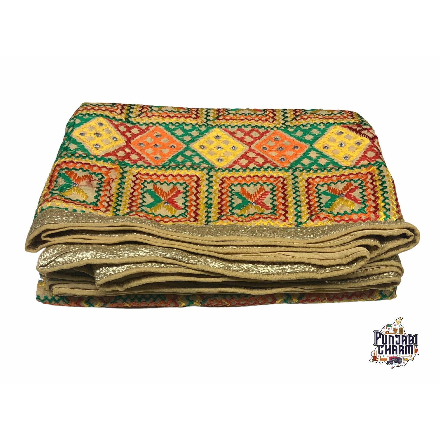 Beautiful Fulkari pattern with golden lace on all the borders