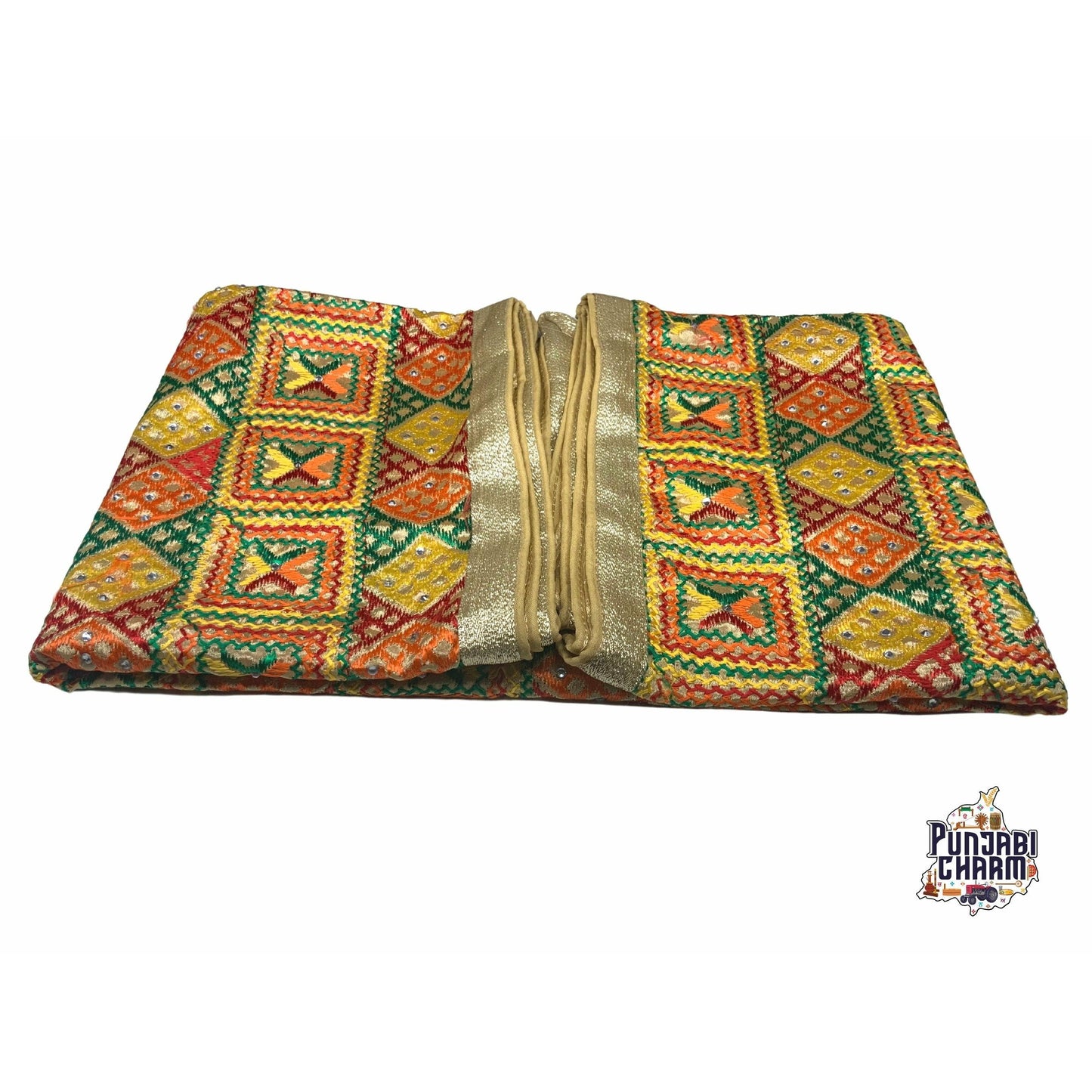 Beautiful Fulkari pattern with golden lace on all the borders