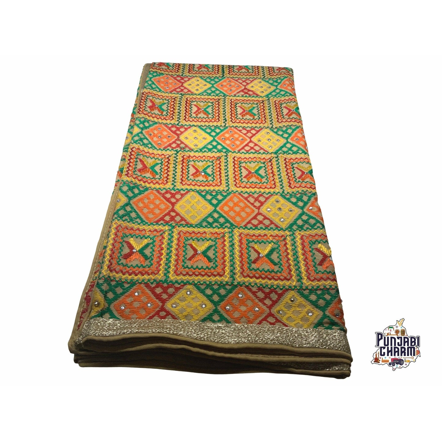 Beautiful Fulkari pattern with golden lace on all the borders