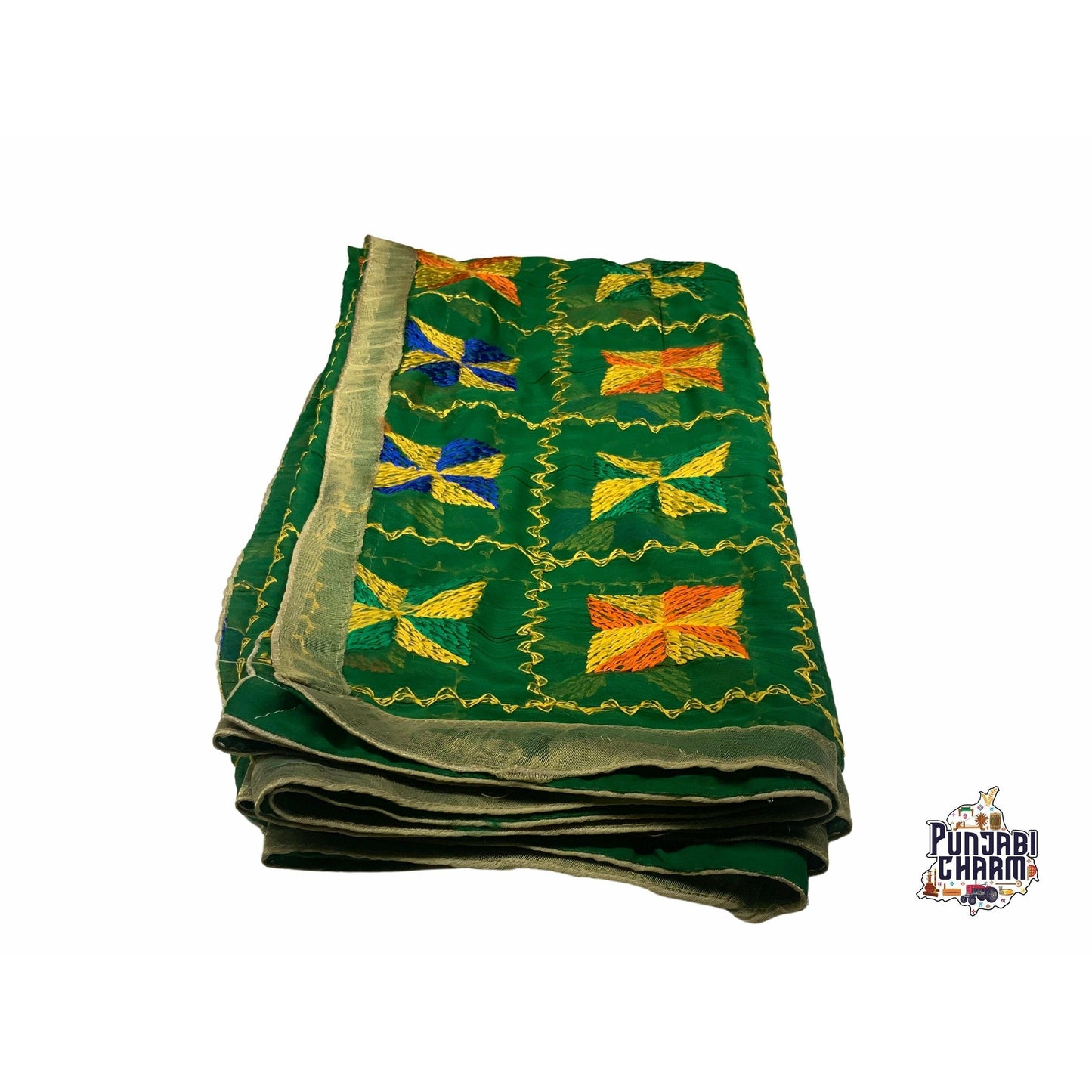 Beautiful Fulkari with green base and multi color flower patter + golden lace on all the borders