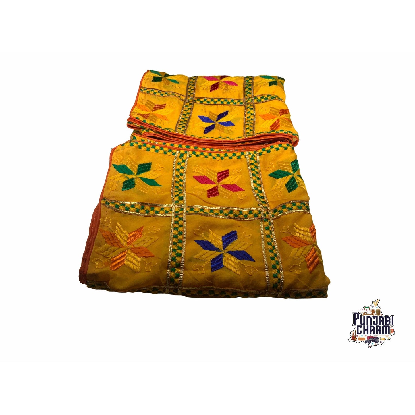 Beautiful Fulkari with Yellow base and multi color flower pattern +  red piping on all the borders