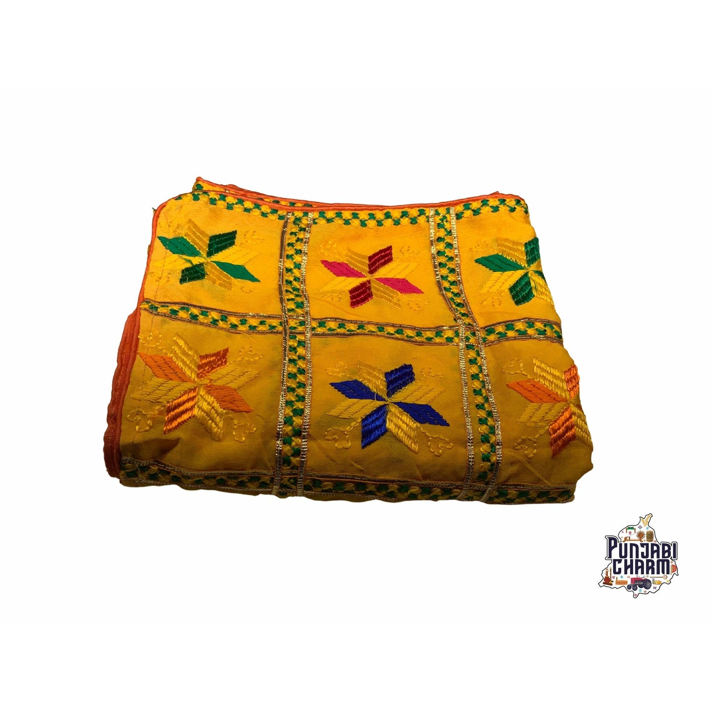 Beautiful Fulkari with Yellow base and multi color flower pattern +  red piping on all the borders