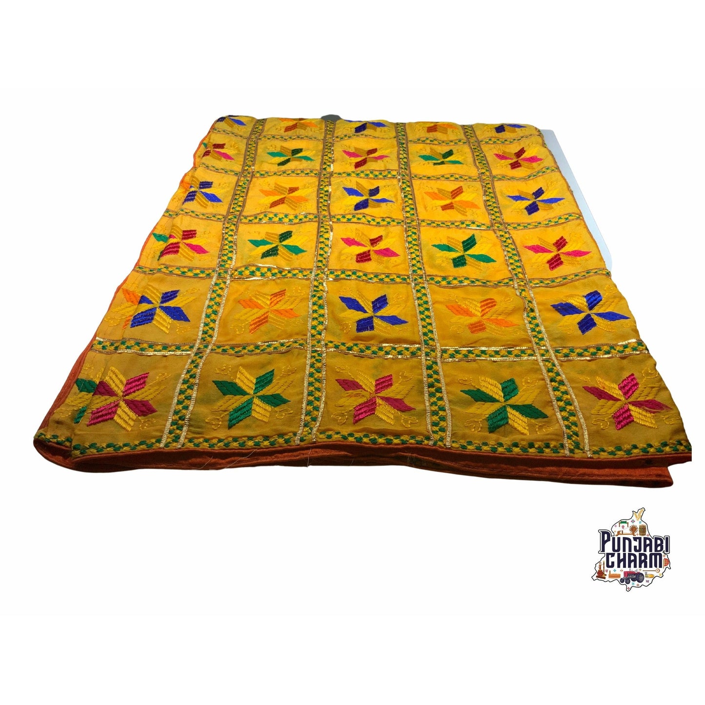 Beautiful Fulkari with Yellow base and multi color flower pattern +  red piping on all the borders