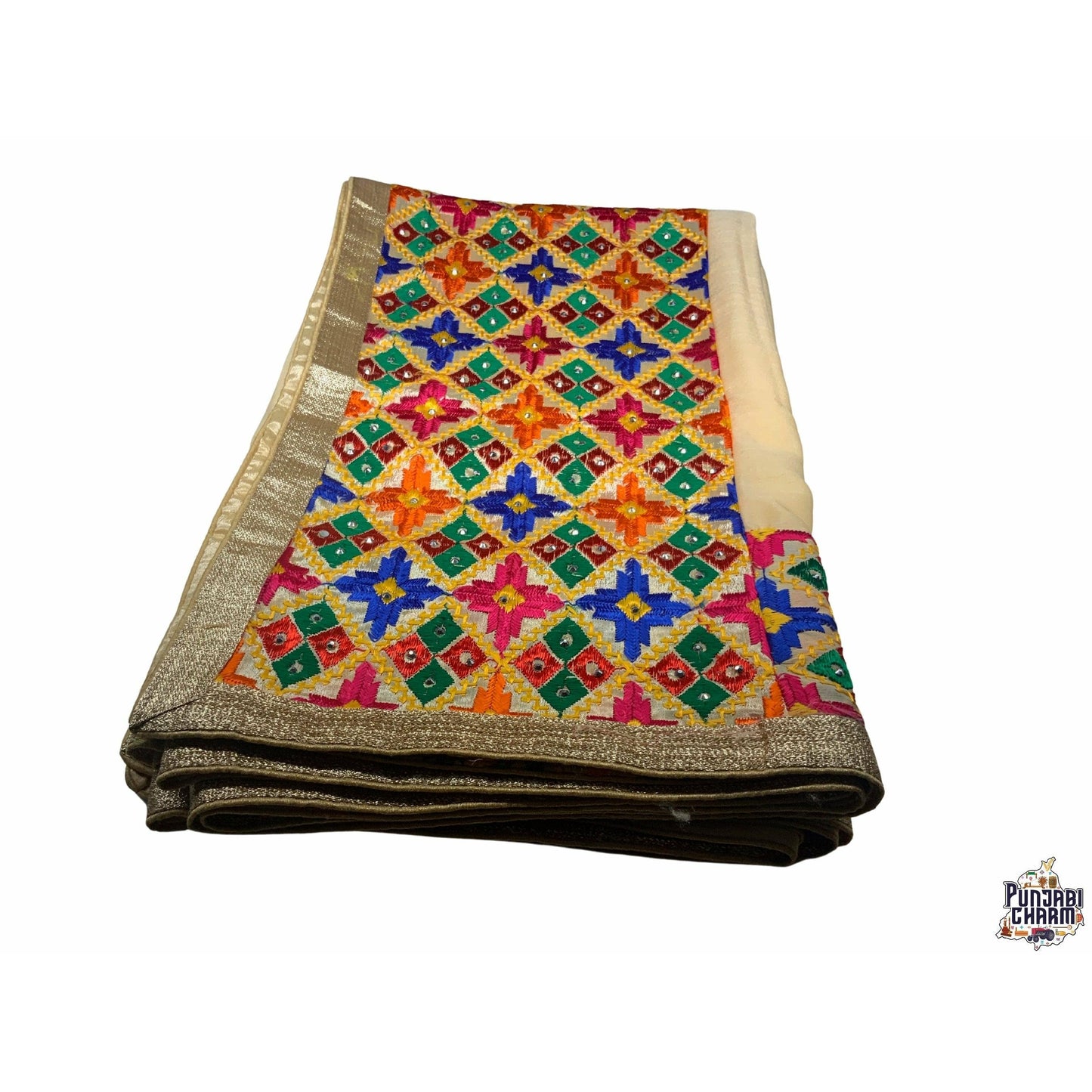 Beautiful Fulkari with Golden base and multi color flower pattern.