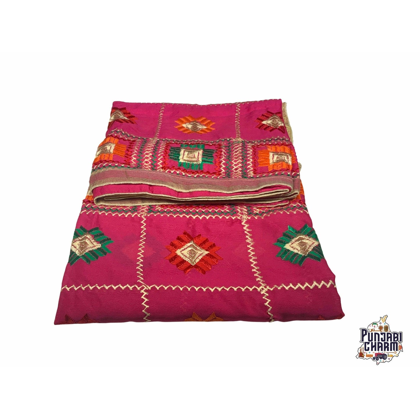 Beautiful Fulkari with hot pink base and multi color flower pattern+ golden lace on all the borders