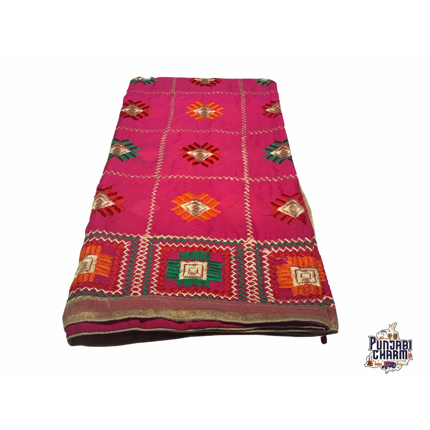 Beautiful Fulkari with hot pink base and multi color flower pattern+ golden lace on all the borders