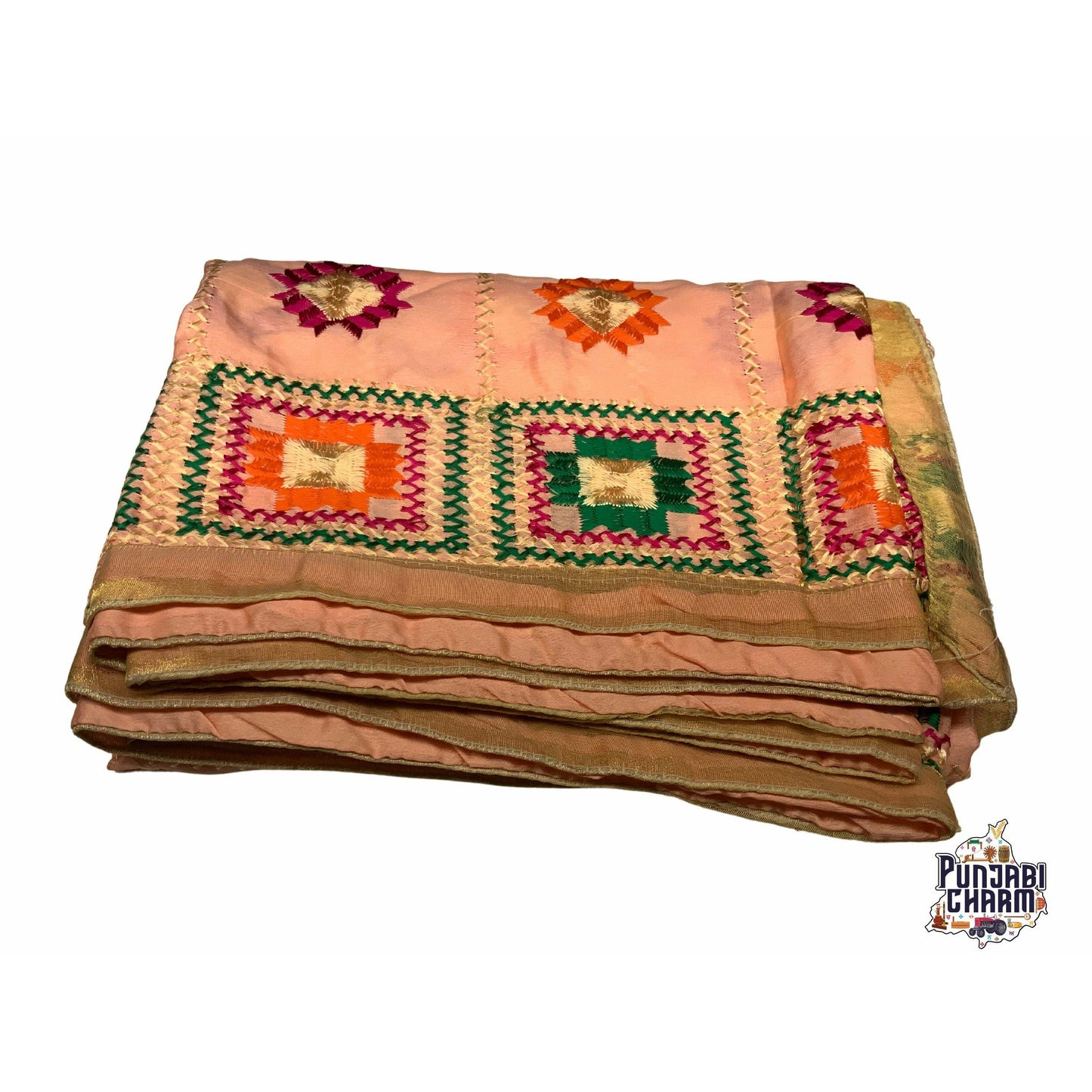 Beautiful Fulkari with peach base and multi color flower pattern+ golden lace on all the borders