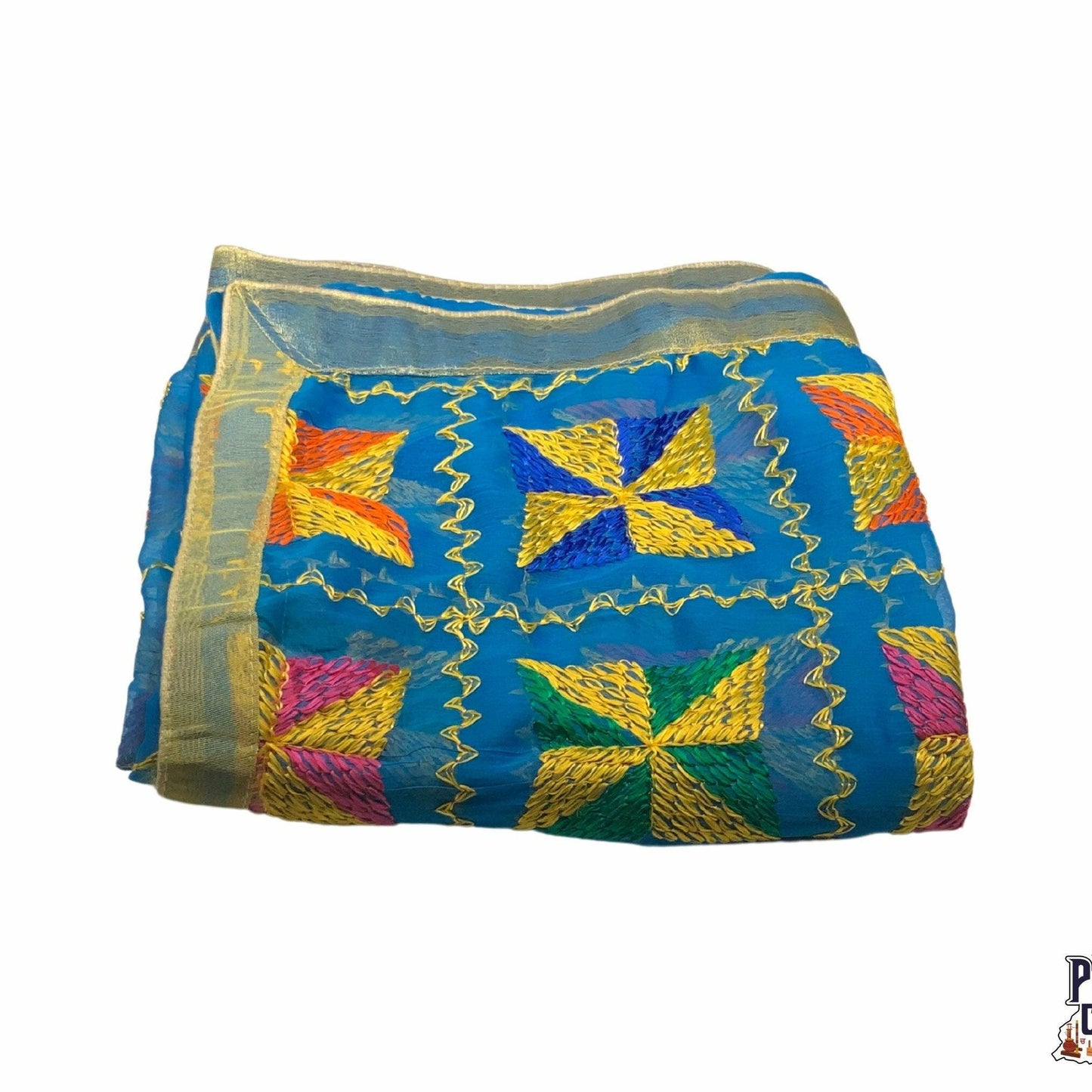 Beautiful Fulkari with blue base and multi color flower pattern+ golden lace on all the borders